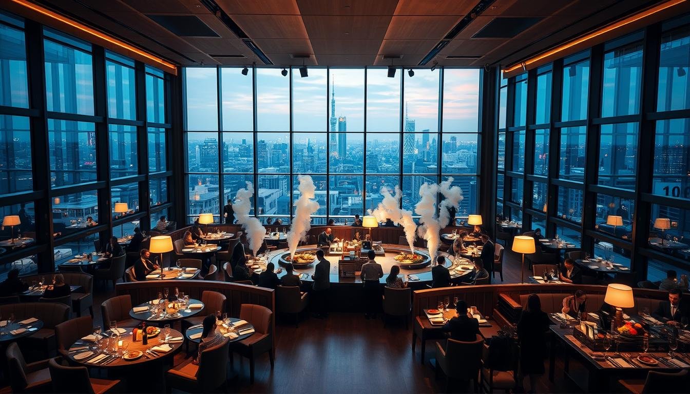A bustling, upscale Tokyo restaurant and entertainment complex, featuring an elegant dining room with floor-to-ceiling windows overlooking the city skyline. Soft lighting casts a warm glow, while Japanese-inspired decor and modern furnishings create a refined, sophisticated atmosphere. In the center, a stage showcases talented performers engaged in a mesmerizing culinary spectacle, delighting diners with their masterful, choreographed preparation of exquisite dishes. Beyond the main dining area, a lounge invites guests to sip creative cocktails and unwind amid plush seating and subtle, ambient lighting, offering a truly immersive, multisensory dining and entertainment experience. A bustling, upscale Tokyo restaurant and entertainment complex, featuring an elegant dining room with floor-to-ceiling windows overlooking the city skyline. Soft lighting casts a warm glow, while Japanese-inspired decor and modern furnishings create a refined, sophisticated atmosphere. In the center, a stage showcases talented performers engaged in a mesmerizing culinary spectacle, delighting diners with their masterful, choreographed preparation of exquisite dishes. Beyond the main dining area, a lounge invites guests to sip creative cocktails and unwind amid plush seating and subtle, ambient lighting, offering a truly immersive, multisensory dining and entertainment experience.