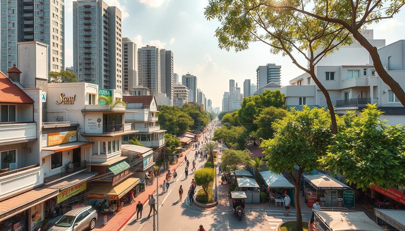 A bustling urban district teeming with hotels, hostels, and guesthouses, set against a backdrop of modern high-rises and lush greenery. Diverse accommodations line the streets, each offering a unique experience - from luxurious suites with sweeping city views to cozy budget-friendly retreats. Pedestrian-friendly pathways wind through the neighborhood, dotted with local eateries, bustling markets, and charming cafes. Warm sunlight filters through the trees, casting a serene ambiance over the lively scene. Capture the vibrant yet relaxed atmosphere of this centrally-located lodging hub, a crucial component of any memorable Bangkok adventure.