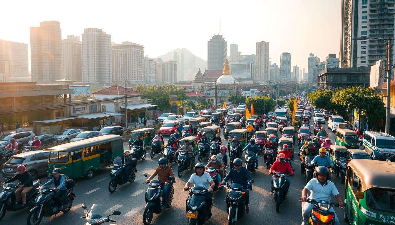 A bustling urban scene in Bangkok, Thailand, captured with a wide-angle lens. In the foreground, a tangle of motorbikes and tuk-tuks weaves through the congested streets, their drivers expertly navigating the traffic. The middle ground reveals a mix of modern high-rises and traditional Thai architecture, while the background is dominated by a hazy skyline. Warm, golden sunlight filters through the cityscape, lending a vibrant, energetic atmosphere. The overall composition conveys the dynamic nature of Bangkok's transportation, showcasing the city's unique blend of modernity and heritage.
