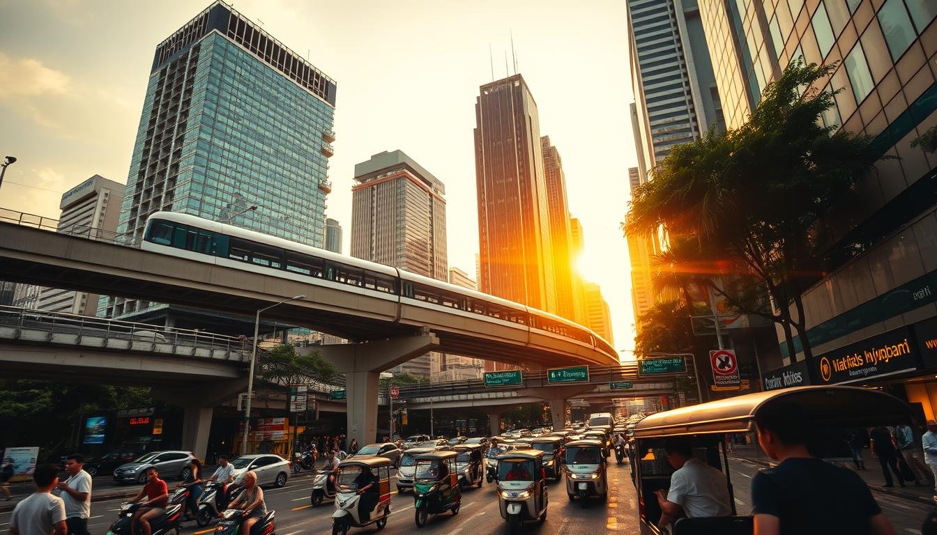 A bustling urban scene in Bangkok, Thailand, captured with a wide-angle lens. In the foreground, the iconic elevated BTS Skytrain station stands tall, its sleek design and bright lighting illuminating the busy streets below. In the middle ground, pedestrians and tuk-tuks navigate the congested roads, while in the background, the towering skyscrapers of the city's financial district loom, casting long shadows across the scene. The warm, golden tones of the setting sun bathe the entire composition, creating a sense of vibrant energy and a lively, atmospheric ambiance.