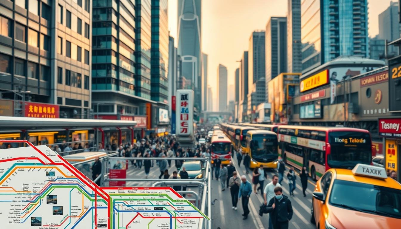 A bustling urban scene in Hong Kong, capturing the city's vibrant transportation network. In the foreground, a detailed map of the city's metro system unfolds, with color-coded lines and station icons. In the middle ground, a crowd of commuters navigates the busy streets, seamlessly blending pedestrians, taxis, and double-decker buses. The background features iconic Hong Kong skyscrapers, their reflective glass facades glimmering under a warm, golden-hour lighting. The overall atmosphere conveys a sense of efficiency, connectivity, and the dynamic energy of this densely populated metropolis. Crisp, high-resolution photorealistic rendering, with a shallow depth of field to emphasize the focal points.
