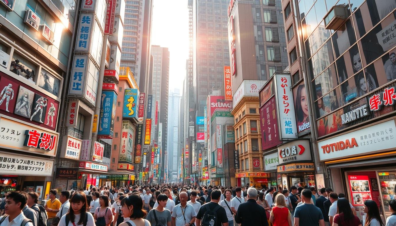 A bustling urban scene in the heart of Tokyo's Akihabara district, known as the "Electric Town" and a mecca for electronics and anime enthusiasts. The streets are lined with towering neon-lit buildings, their windows displaying an array of cutting-edge electronics, manga figurines, and cosplay costumes. Crowds of shoppers, both locals and tourists, weave through the vibrant atmosphere, their excitement palpable. Sunlight filters through the skyscrapers, casting a warm glow over the scene. The architecture blends seamless modern and retro elements, reflecting the district's unique fusion of technology and pop culture. An energetic, immersive experience capturing the essence of Akihabara's captivating shopping district. A bustling urban scene in the heart of Tokyo's Akihabara district, known as the "Electric Town" and a mecca for electronics and anime enthusiasts. The streets are lined with towering neon-lit buildings, their windows displaying an array of cutting-edge electronics, manga figurines, and cosplay costumes. Crowds of shoppers, both locals and tourists, weave through the vibrant atmosphere, their excitement palpable. Sunlight filters through the skyscrapers, casting a warm glow over the scene. The architecture blends seamless modern and retro elements, reflecting the district's unique fusion of technology and pop culture. An energetic, immersive experience capturing the essence of Akihabara's captivating shopping district.