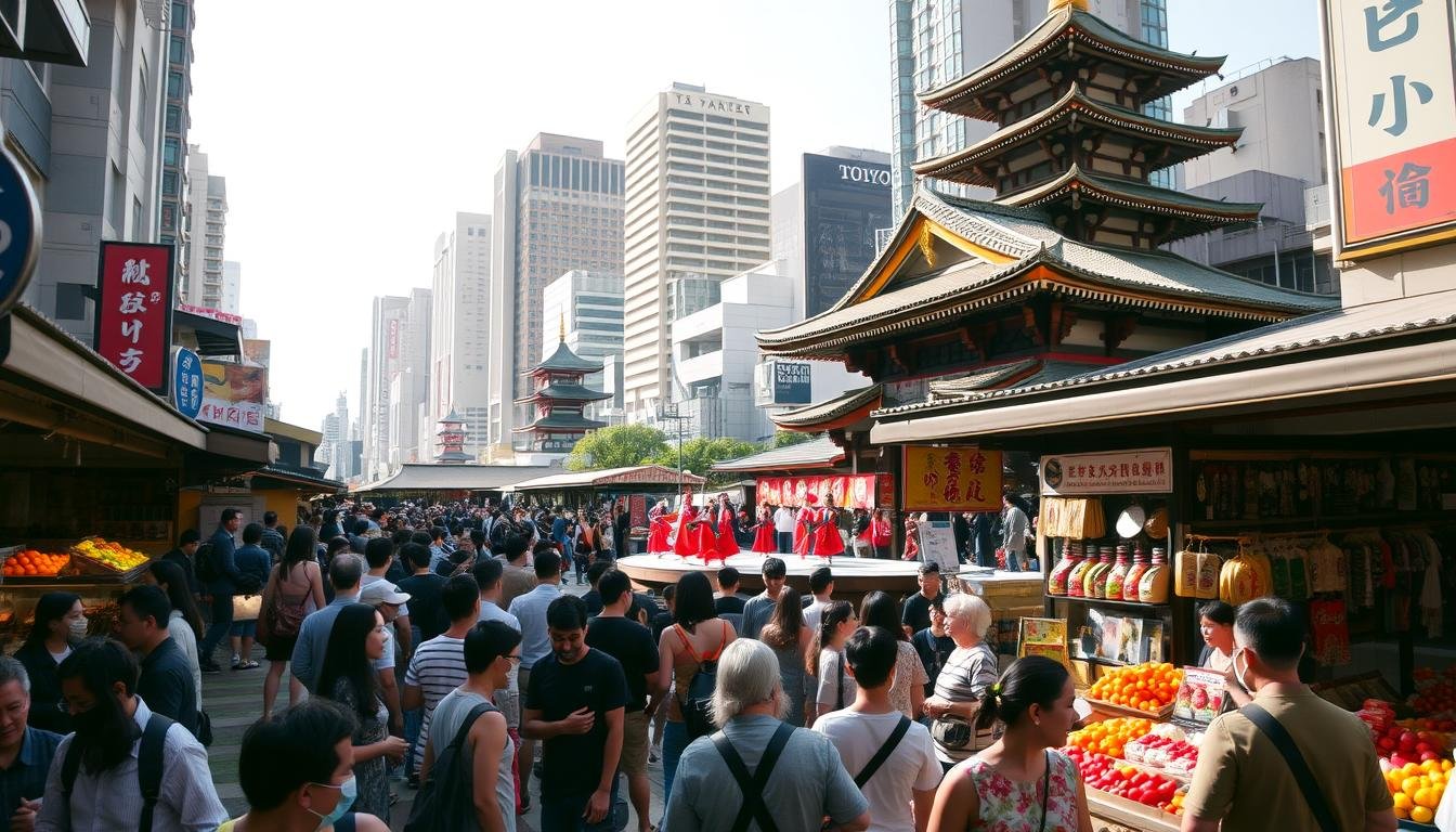A bustling weekend Tokyo market scene, vibrant with activity and live performances. In the foreground, a lively crowd of locals and tourists browse an array of fresh produce, artisanal goods, and street food stalls, bathed in warm, natural lighting. In the middle ground, a raised stage hosts traditional Japanese dancers, their colorful costumes and graceful movements captivating the audience. The background is filled with the iconic architecture of Tokyo, blending modern high-rises and historic temples, creating a distinctive urban atmosphere. The overall mood is one of energy, cultural celebration, and a sense of discovery, inviting the viewer to immerse themselves in the sights, sounds, and flavors of this vibrant weekend market event. A bustling weekend Tokyo market scene, vibrant with activity and live performances. In the foreground, a lively crowd of locals and tourists browse an array of fresh produce, artisanal goods, and street food stalls, bathed in warm, natural lighting. In the middle ground, a raised stage hosts traditional Japanese dancers, their colorful costumes and graceful movements captivating the audience. The background is filled with the iconic architecture of Tokyo, blending modern high-rises and historic temples, creating a distinctive urban atmosphere. The overall mood is one of energy, cultural celebration, and a sense of discovery, inviting the viewer to immerse themselves in the sights, sounds, and flavors of this vibrant weekend market event.