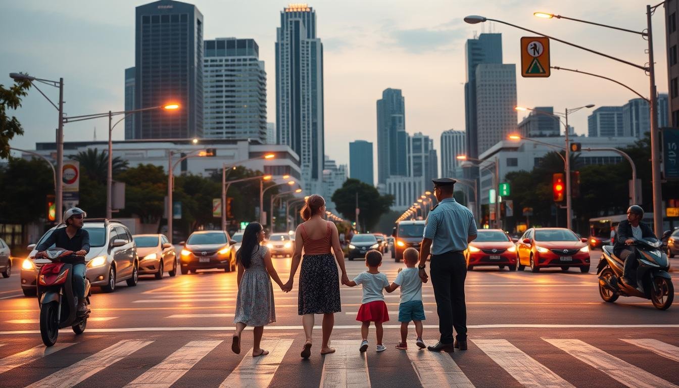 A busy city intersection in Bangkok at dusk, with cars, motorcycles, and pedestrians navigating the busy crossroads. The scene is illuminated by warm, golden streetlights, casting a soft, inviting glow over the bustling traffic. In the foreground, a family of four - two parents, a young child, and a toddler - wait patiently at the crosswalk, holding hands and looking both ways before carefully crossing the street. In the middle ground, a traffic officer in a crisp uniform directs the flow of vehicles, ensuring the safety of all commuters. In the background, skyscrapers and high-rise buildings loom, suggesting the vibrant, dynamic nature of the Thai capital. The overall atmosphere conveys a sense of order, care, and vigilance, highlighting the importance of traffic safety for families exploring the city.