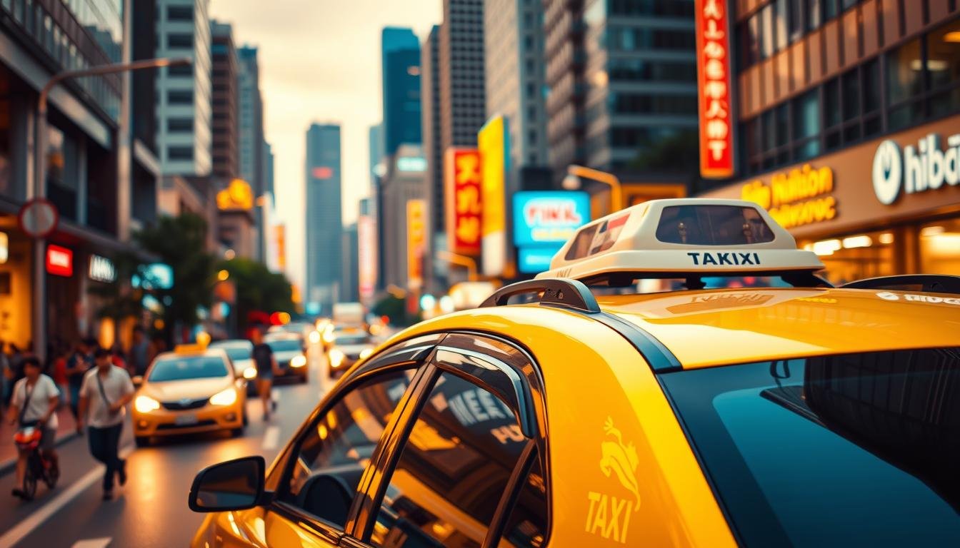 A busy city street in Bangkok, Thailand, with a yellow taxi cab in the foreground. The taxi is sleek and modern, with a rooftop light and the Thai flag emblazoned on its side. In the background, a bustling urban landscape with high-rise buildings, neon signs, and pedestrians on the sidewalk. The scene is illuminated by warm, golden-hued street lighting, creating a vibrant, dynamic atmosphere. The focus is on the taxi cab, which is the central subject, highlighting the convenience and practicality of this mode of transportation in the Thai capital.