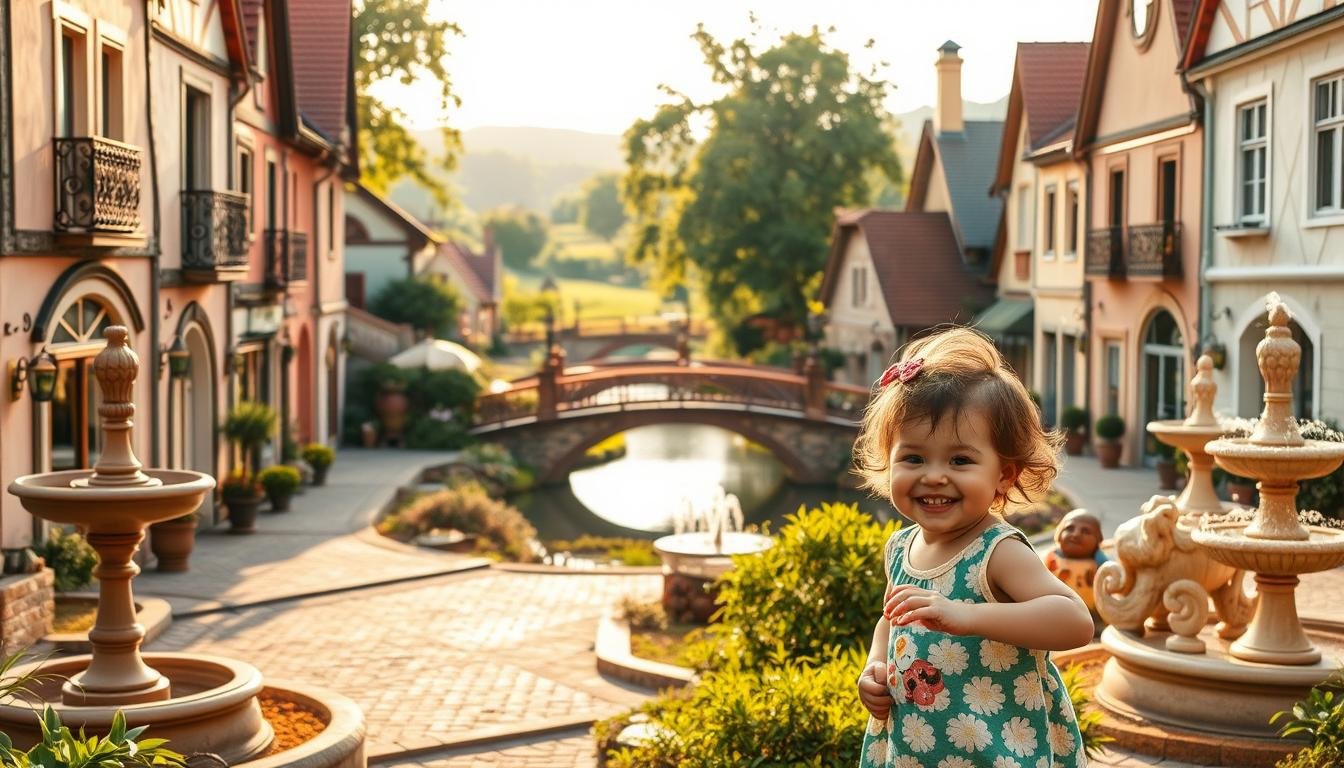 A charming European-style village nestled amidst lush greenery, Chocolate Ville is a captivating destination for family photography. Capture the quaint, pastel-hued buildings, cobblestone streets, and ornate wrought-iron details bathed in warm, golden afternoon light. In the foreground, a young child plays amongst whimsical chocolate-themed sculptures and fountains, their joyful expression reflecting the enchanting atmosphere. The middle ground showcases picturesque bridges spanning a tranquil pond, while the background features a gently rolling landscape dotted with mature trees. Soft, diffused lighting creates a dreamy, romantic ambiance, inviting visitors to linger and immerse themselves in this charming chocolate-inspired wonderland. A charming European-style village nestled amidst lush greenery, Chocolate Ville is a captivating destination for family photography. Capture the quaint, pastel-hued buildings, cobblestone streets, and ornate wrought-iron details bathed in warm, golden afternoon light. In the foreground, a young child plays amongst whimsical chocolate-themed sculptures and fountains, their joyful expression reflecting the enchanting atmosphere. The middle ground showcases picturesque bridges spanning a tranquil pond, while the background features a gently rolling landscape dotted with mature trees. Soft, diffused lighting creates a dreamy, romantic ambiance, inviting visitors to linger and immerse themselves in this charming chocolate-inspired wonderland.