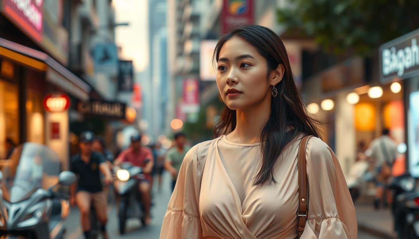 A charming and fashionable young woman strolls through a bustling Bangkok street, her delicate features and graceful movements capturing the essence of the "Gentle Woman" aesthetic. Ambient lighting casts a warm, flattering glow, accentuating her stylish yet effortless ensemble - a flowing, pastel-hued dress and tasteful accessories that blend seamlessly with the vibrant cityscape backdrop. The scene exudes a sense of tranquility and refined sophistication, perfectly embodying the allure of Bangkok's trendsetting fashion and lifestyle destinations.