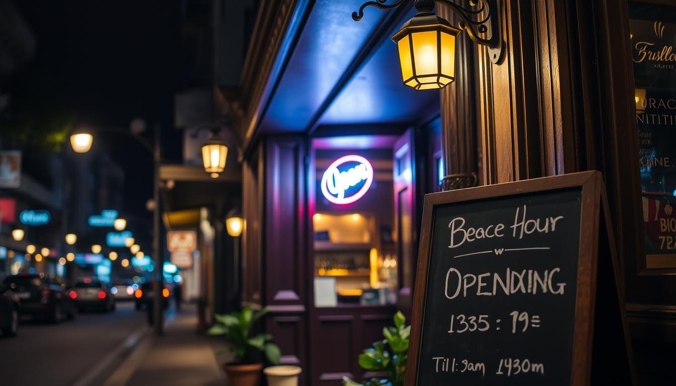 A city street in Bangkok at night, dimly lit by warm incandescent lamps. The storefront of a cozy, intimate bar comes into focus, with a neon "Open" sign glowing in the window. The entrance is framed by intricate architectural details, hinting at the bar's unique character. In the foreground, a chalkboard sign displays the operating hours, while small decorative accents and potted plants add a sense of welcoming ambiance. The background is blurred, emphasizing the bar's prominence and drawing the viewer's attention to the practical information. The overall scene conveys a vibrant, lively atmosphere perfect for exploring Bangkok's nightlife.