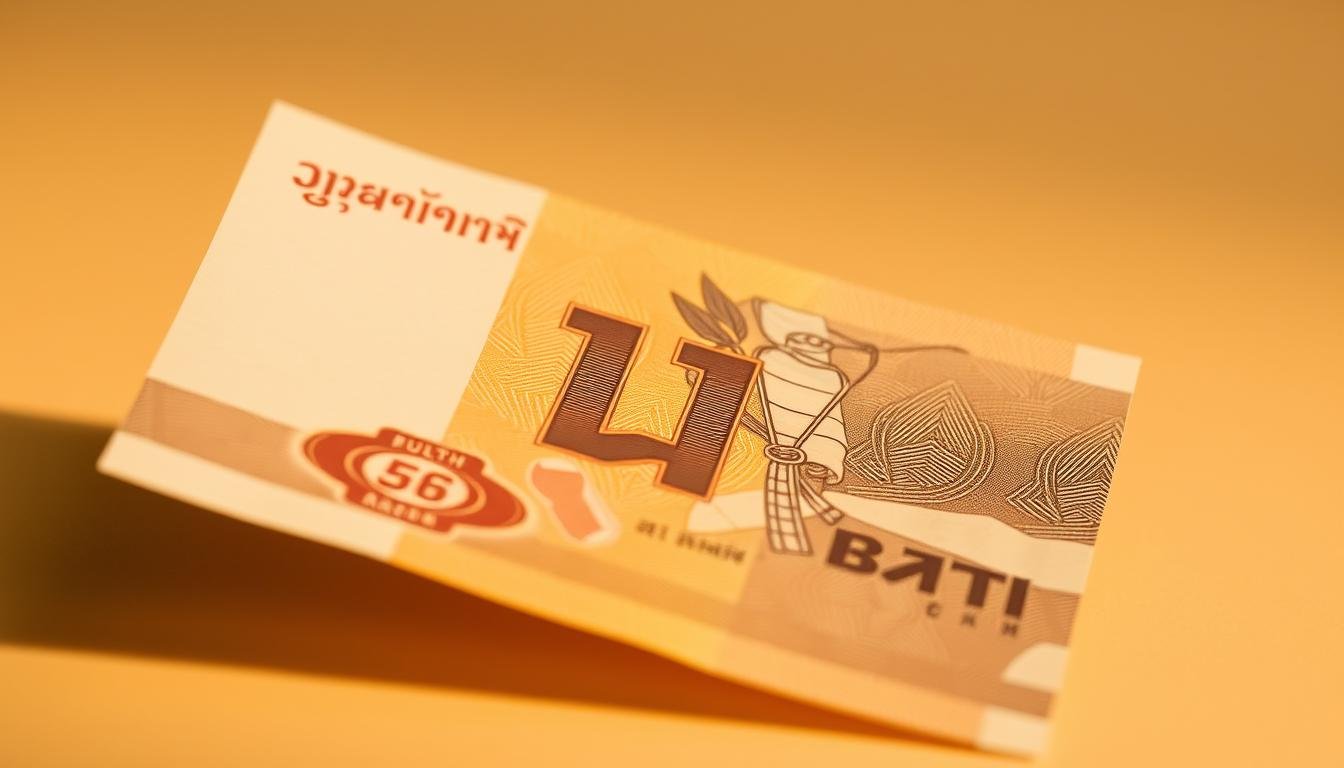 A close-up shot of a Thai baht banknote, showcasing the intricate engraving and design elements of the "銖" symbol. The image should be captured under warm, soft lighting, highlighting the textures and subtle hues of the currency. Presented against a plain, neutral background to emphasize the focal point, the banknote should be angled slightly to showcase its three-dimensional nature. The overall mood should convey a sense of financial security, stability, and the cultural significance of the Thai baht within the context of the specified article section.