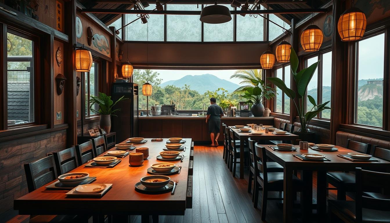 A cozy and inviting Jeju-themed restaurant, adorned with vibrant island motifs. Warm lighting casts a soft glow on the rustic wooden furnishings and hand-crafted decor, evoking the charming local culture. In the foreground, a long communal table is set with traditional dishware, enticing guests to savor the authentic Jeju cuisine. The middle ground features a open kitchen where skilled chefs prepare the fresh, locally-sourced ingredients. Beyond, lush tropical foliage and glimpses of the island's iconic volcanic landscapes frame the scene, transporting diners to the picturesque Jeju Island. A cozy and inviting Jeju-themed restaurant, adorned with vibrant island motifs. Warm lighting casts a soft glow on the rustic wooden furnishings and hand-crafted decor, evoking the charming local culture. In the foreground, a long communal table is set with traditional dishware, enticing guests to savor the authentic Jeju cuisine. The middle ground features a open kitchen where skilled chefs prepare the fresh, locally-sourced ingredients. Beyond, lush tropical foliage and glimpses of the island's iconic volcanic landscapes frame the scene, transporting diners to the picturesque Jeju Island.