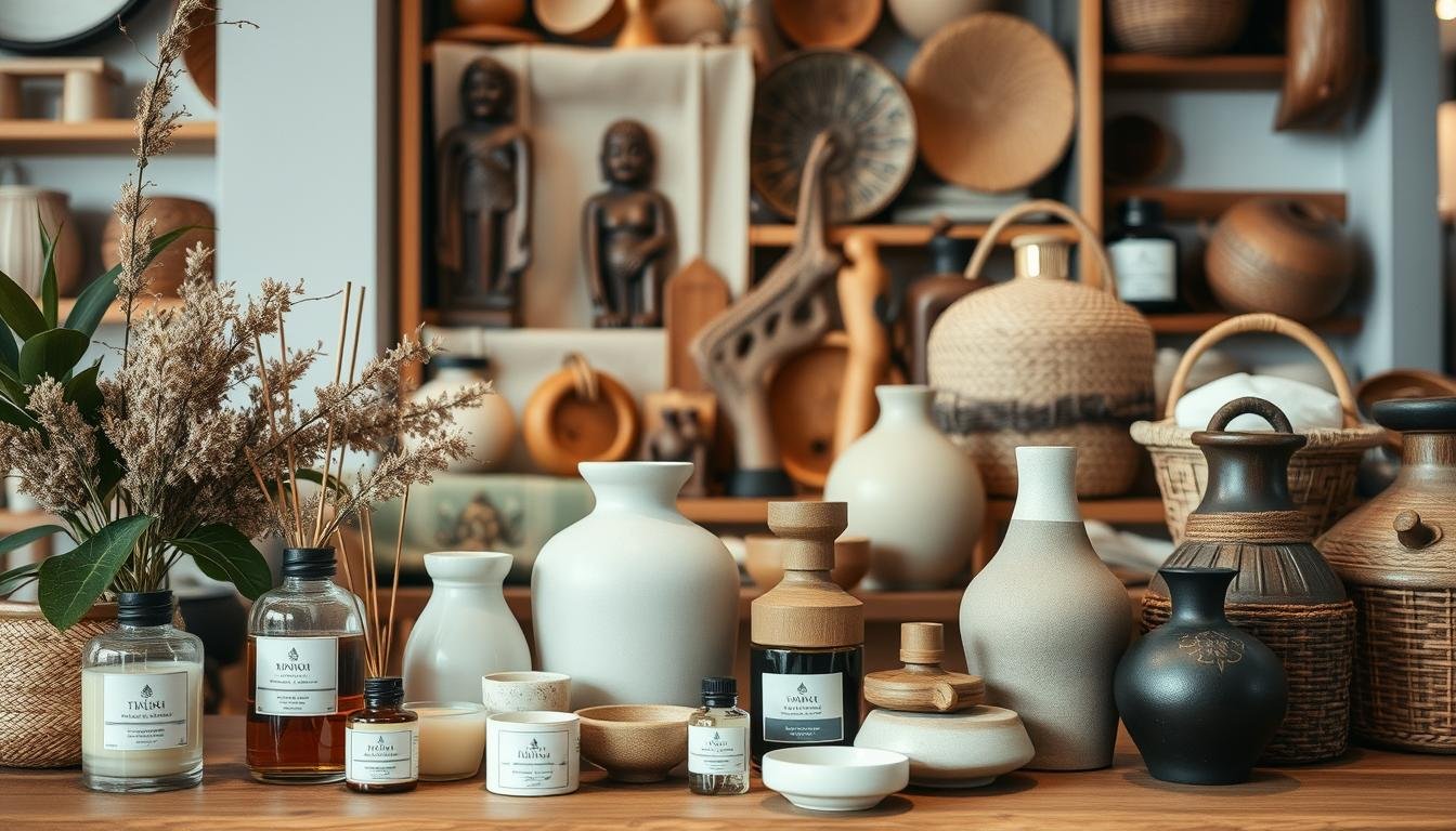 A cozy and inviting scene showcasing a thoughtfully curated collection of locally-sourced Thai lifestyle products. In the foreground, a meticulously styled display of fragrant candles, scented oils, and decorative ceramics. The middle ground features a mix of handcrafted textiles, wooden carvings, and woven baskets, all showcasing the distinct aesthetic and skilled artistry of Thai designers. The background hints at a warm, natural setting, perhaps a shop interior with soft, diffused lighting and natural textures like exposed brick or wooden shelving. The overall mood is one of understated elegance, highlighting the beauty and quality of these locally-sourced, high-end home goods.