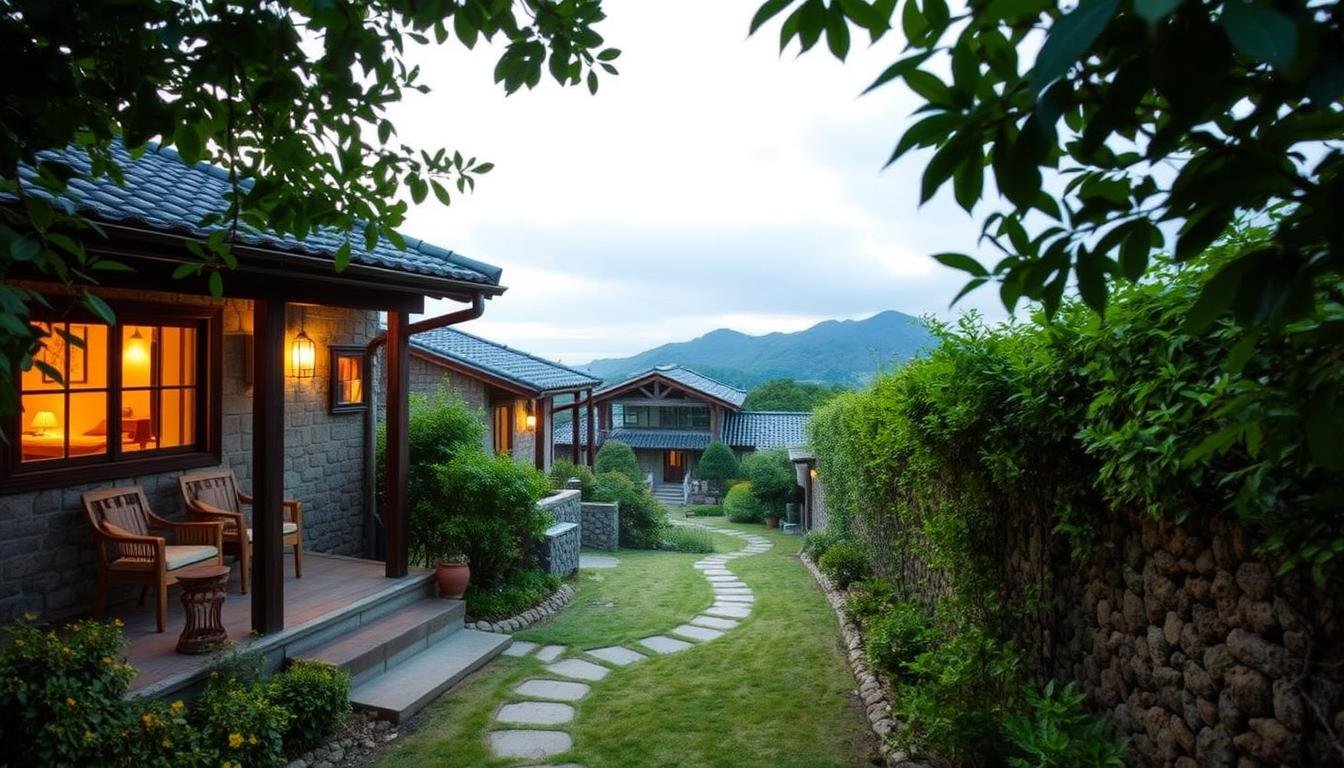 A cozy and serene Jeju Island accommodation nestled amidst lush foliage, with traditional tiled roofs and stone walls blending seamlessly into the natural surroundings. Warm lighting filters through the windows, casting a soft glow on the tranquil interiors adorned with local artisanal decor. In the foreground, a welcoming porch invites visitors to relax and soak in the island's peaceful ambiance. The middle ground features a well-manicured garden path leading to the main building, while the background showcases the island's iconic volcanic landscape, including verdant hills and the distant horizon. The overall scene conveys a sense of authentic Jeju Island hospitality and a perfect hideaway for travelers seeking a rejuvenating, immersive experience. A cozy and serene Jeju Island accommodation nestled amidst lush foliage, with traditional tiled roofs and stone walls blending seamlessly into the natural surroundings. Warm lighting filters through the windows, casting a soft glow on the tranquil interiors adorned with local artisanal decor. In the foreground, a welcoming porch invites visitors to relax and soak in the island's peaceful ambiance. The middle ground features a well-manicured garden path leading to the main building, while the background showcases the island's iconic volcanic landscape, including verdant hills and the distant horizon. The overall scene conveys a sense of authentic Jeju Island hospitality and a perfect hideaway for travelers seeking a rejuvenating, immersive experience.