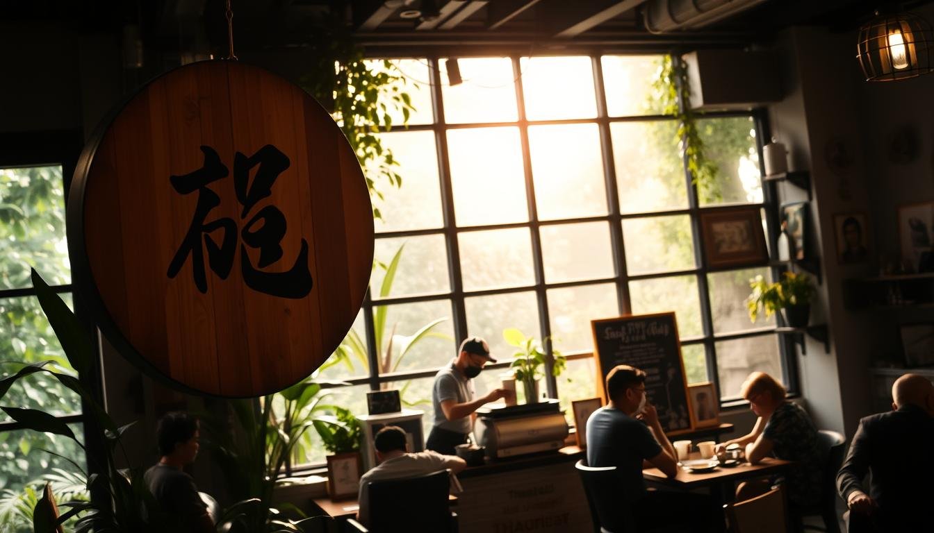 A cozy cafe interior, filled with the warm glow of natural light filtering through large windows. In the foreground, a hand-crafted wooden sign hangs proudly, showcasing the iconic "手標泰奶" logo against a backdrop of lush greenery. The middle ground features a barista meticulously preparing a rich, creamy Thai milk tea, its aroma wafting through the air. In the background, patrons enjoy a hearty traditional Thai breakfast, surrounded by vintage decor and the gentle hum of conversation. The scene evokes a sense of timeless tradition, where the simple pleasures of tea and community converge to create a quintessential Bangkok experience.