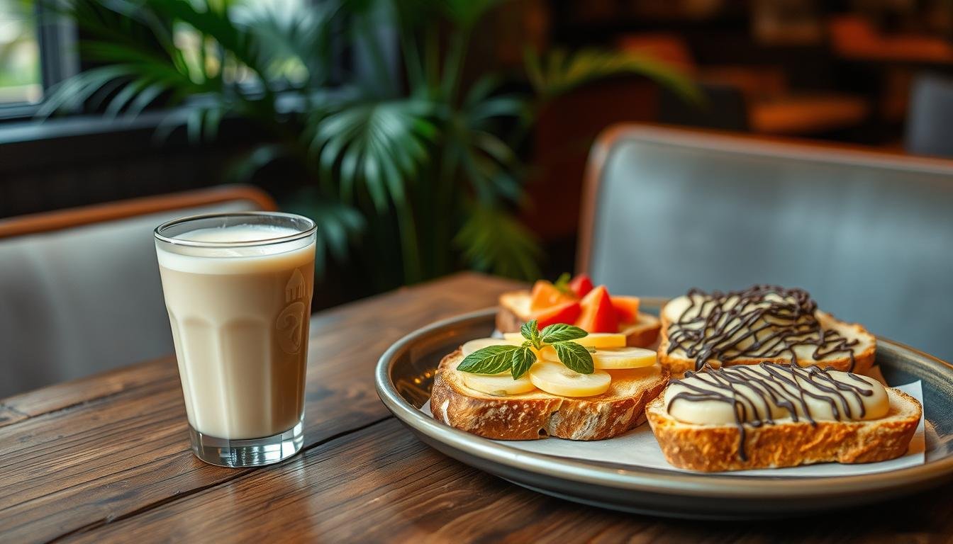 A cozy cafe scene in Bangkok, Thailand. On a rustic wooden table, a glass of smooth, creamy Thai milk tea sits alongside a tray of artfully crafted toast slices. The toast features a variety of toppings, from vibrant fresh fruit to decadent chocolate drizzle, showcasing the creativity of the cafe's menu. Soft, warm lighting illuminates the scene, creating a welcoming and inviting atmosphere. In the background, a hint of tropical greenery suggests the cafe's urban oasis setting. The overall impression is one of indulgence, comfort, and the unique fusion of Thai flavors with modern culinary innovation.
