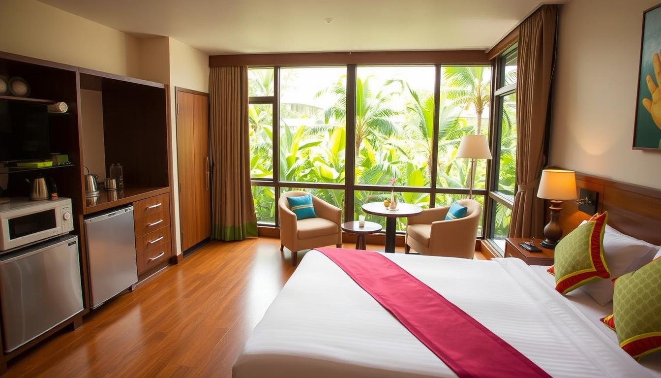 A cozy family-friendly hotel room with a warm, inviting atmosphere. In the foreground, a spacious double bed with plush bedding and colorful throw pillows. Next to it, a comfortable chair and a small table, perfect for relaxing. In the middle ground, a well-equipped kitchenette with a mini-fridge, microwave, and basic cookware. Large windows flood the room with natural light, offering a scenic view of a lush, tropical garden in the background. The overall design features a harmonious blend of traditional Thai and contemporary elements, creating a perfect haven for families traveling to Bangkok. A cozy family-friendly hotel room with a warm, inviting atmosphere. In the foreground, a spacious double bed with plush bedding and colorful throw pillows. Next to it, a comfortable chair and a small table, perfect for relaxing. In the middle ground, a well-equipped kitchenette with a mini-fridge, microwave, and basic cookware. Large windows flood the room with natural light, offering a scenic view of a lush, tropical garden in the background. The overall design features a harmonious blend of traditional Thai and contemporary elements, creating a perfect haven for families traveling to Bangkok.