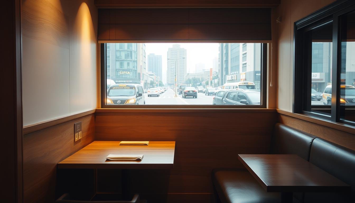 A cozy, modern solo dining establishment in the heart of Seoul, South Korea. A single table by the window offers a serene view of the bustling city streets outside. Warm, diffused lighting creates a tranquil ambiance, highlighting the minimalist yet chic decor. The table is set with a simple but elegant place setting, inviting the solo traveler to savor the local cuisine in a contemplative, relaxed manner. Sleek, wooden furnishings and neutral tones evoke a sense of calm sophistication. The overall scene conveys a welcoming atmosphere for the independent food enthusiast to immerse themselves in the flavors and culture of Korean dining. A cozy, modern solo dining establishment in the heart of Seoul, South Korea. A single table by the window offers a serene view of the bustling city streets outside. Warm, diffused lighting creates a tranquil ambiance, highlighting the minimalist yet chic decor. The table is set with a simple but elegant place setting, inviting the solo traveler to savor the local cuisine in a contemplative, relaxed manner. Sleek, wooden furnishings and neutral tones evoke a sense of calm sophistication. The overall scene conveys a welcoming atmosphere for the independent food enthusiast to immerse themselves in the flavors and culture of Korean dining.