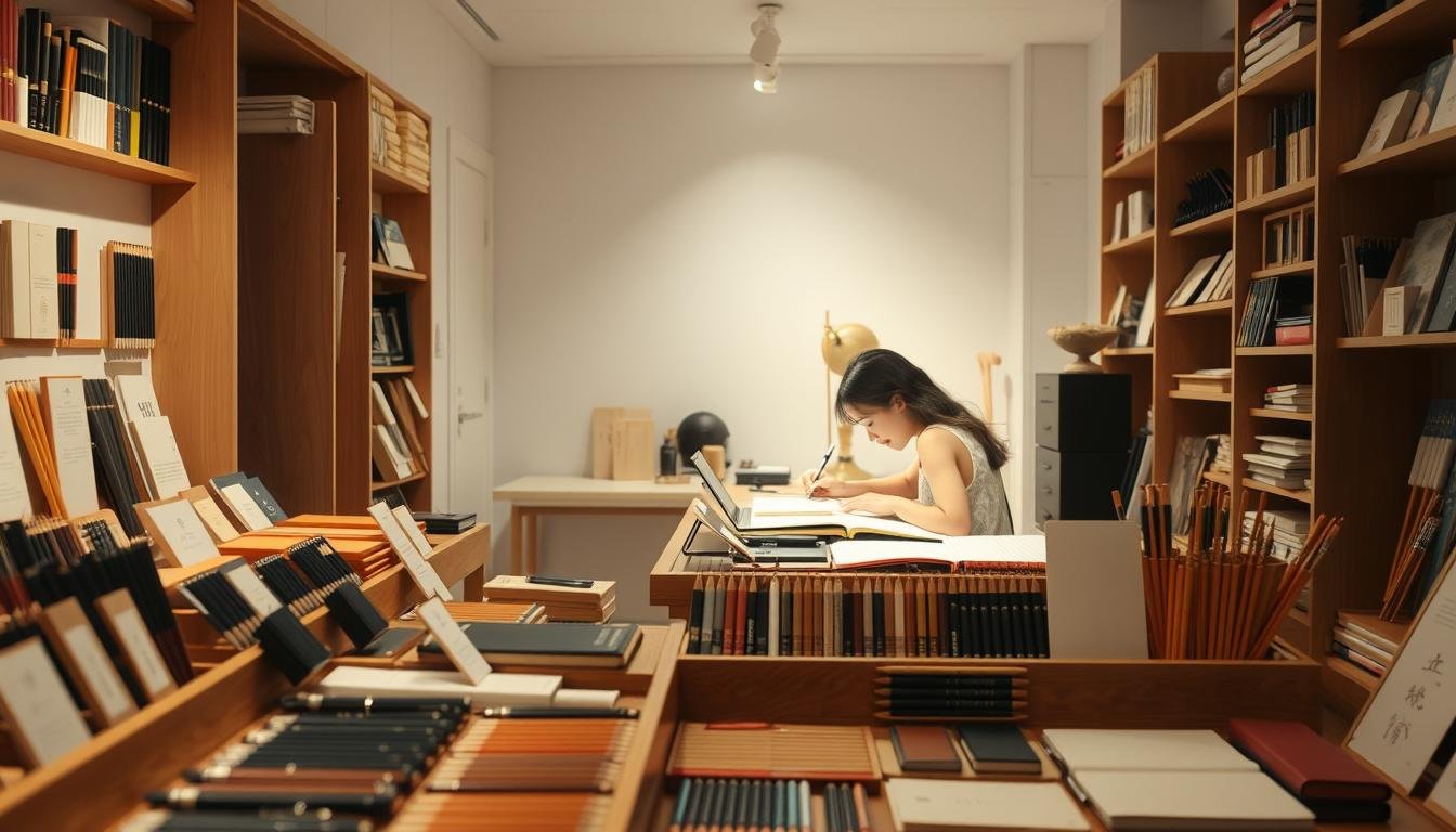 A cozy stationery store filled with meticulously crafted writing tools and accessories. In the foreground, an elegant display showcases a diverse collection of Japanese-designed pens, pencils, and notebooks, each item a work of art. The middle ground features an inviting workspace where a young woman, a "文具女子", intently designs a new stationery product, her face lit by the warm glow of a desk lamp. The background reveals a minimalist interior, with clean white walls and natural wood accents, creating a serene and inspiring atmosphere. Soft, diffused lighting casts a gentle, atmospheric quality over the scene, highlighting the passion and creativity of the "文具女子" and her curated collection of writing essentials. A cozy stationery store filled with meticulously crafted writing tools and accessories. In the foreground, an elegant display showcases a diverse collection of Japanese-designed pens, pencils, and notebooks, each item a work of art. The middle ground features an inviting workspace where a young woman, a "文具女子", intently designs a new stationery product, her face lit by the warm glow of a desk lamp. The background reveals a minimalist interior, with clean white walls and natural wood accents, creating a serene and inspiring atmosphere. Soft, diffused lighting casts a gentle, atmospheric quality over the scene, highlighting the passion and creativity of the "文具女子" and her curated collection of writing essentials.