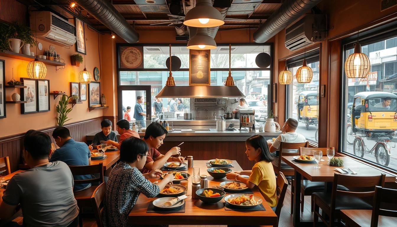 A cozy, well-lit family restaurant set in a lively Bangkok neighborhood. The foreground features a cheerful dining area with a mix of traditional Thai and contemporary international decor. Families sit at wooden tables, enjoying a variety of colorful dishes - from fragrant curries to hearty pasta plates. The middle ground showcases an open kitchen where chefs skillfully prepare meals, creating an inviting atmosphere. In the background, large windows offer a glimpse of the bustling street outside, with pedestrians and tuk-tuks passing by. Warm lighting and soft colors create a welcoming, family-friendly ambiance.