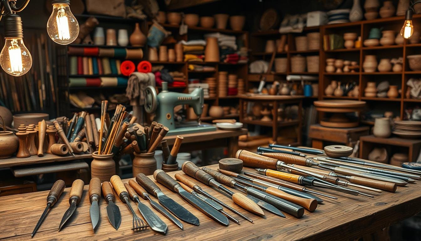 A cozy workshop setting, dimly lit with warm incandescent bulbs, showcases an assortment of specialized handcrafting tools and materials. In the foreground, an array of intricate chisels, hammers, and carving knives lie neatly organized on a weathered wooden workbench. Behind them, spools of colorful threads, fabrics, and an array of delicate brushes and paints suggest a versatile creative space. In the middle ground, a vintage sewing machine and a potter's wheel hint at the diverse disciplines practiced here. The background fades into shadows, hinting at shelves brimming with raw materials, from natural fibers to ceramic glazes, all waiting to be transformed by skilled hands. A cozy workshop setting, dimly lit with warm incandescent bulbs, showcases an assortment of specialized handcrafting tools and materials. In the foreground, an array of intricate chisels, hammers, and carving knives lie neatly organized on a weathered wooden workbench. Behind them, spools of colorful threads, fabrics, and an array of delicate brushes and paints suggest a versatile creative space. In the middle ground, a vintage sewing machine and a potter's wheel hint at the diverse disciplines practiced here. The background fades into shadows, hinting at shelves brimming with raw materials, from natural fibers to ceramic glazes, all waiting to be transformed by skilled hands.