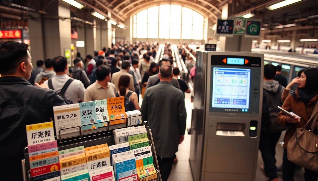 A crowded Tokyo subway station, with commuters rushing through the turnstiles. In the foreground, a display of colorful transportation tickets and passes, from single-ride tickets to monthly passes, neatly organized and backlit. The middle ground features a sleek, modern ticket vending machine, its touchscreen interface inviting passengers to navigate the options. The background showcases the bustling station concourse, with train platforms visible in the distance and natural lighting filtering in from high windows, creating a warm, vibrant atmosphere. The overall scene conveys the efficiency and convenience of Tokyo's renowned public transportation system. A crowded Tokyo subway station, with commuters rushing through the turnstiles. In the foreground, a display of colorful transportation tickets and passes, from single-ride tickets to monthly passes, neatly organized and backlit. The middle ground features a sleek, modern ticket vending machine, its touchscreen interface inviting passengers to navigate the options. The background showcases the bustling station concourse, with train platforms visible in the distance and natural lighting filtering in from high windows, creating a warm, vibrant atmosphere. The overall scene conveys the efficiency and convenience of Tokyo's renowned public transportation system.