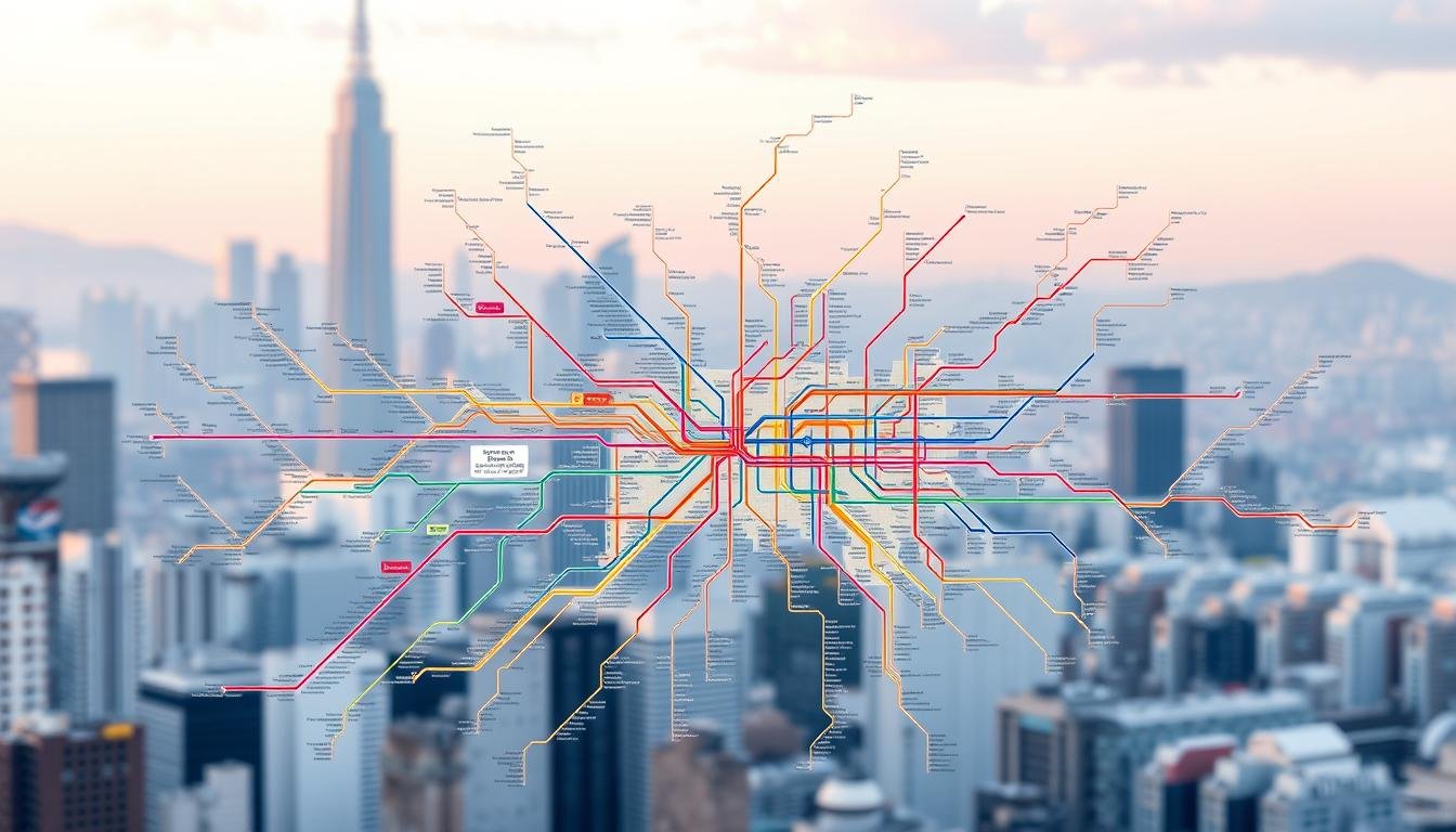 A detailed and comprehensive map of the Seoul metro system, showing the intricate web of 22 interconnected subway lines that crisscross the bustling city. The map is rendered in a clean, minimalist style, with each line represented by a distinct color. The stations are clearly marked, and the overall layout conveys a sense of the city's scale and connectivity. The map is set against a softly blurred backdrop of the Seoul skyline, with skyscrapers and iconic landmarks hinting at the vibrant urban landscape above ground. The lighting is subtle, creating a serene and informative atmosphere, perfect for guiding travelers through the efficient and expansive Seoul metro network.