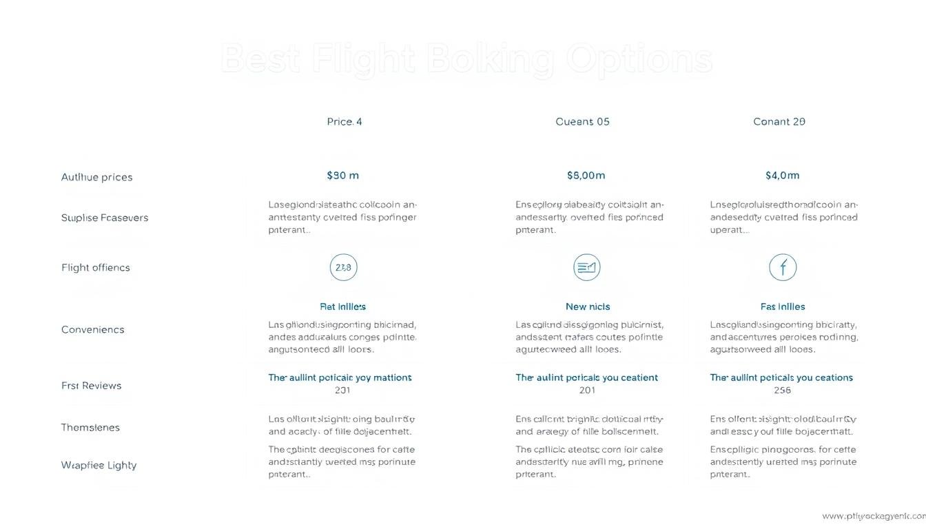 A detailed comparison of the best flight booking options, presented in a sleek, minimalist infographic style. A clean, crisp layout showcasing key details like pricing, convenience, and user reviews for the top flight booking platforms. The image should have a neutral color palette with generous use of white space, allowing the information to be easily digestible. Subtle, elegant graphical elements like icons and data visualizations should complement the text-based content. An overall professional, high-quality appearance that would seamlessly fit into the article's layout. A detailed comparison of the best flight booking options, presented in a sleek, minimalist infographic style. A clean, crisp layout showcasing key details like pricing, convenience, and user reviews for the top flight booking platforms. The image should have a neutral color palette with generous use of white space, allowing the information to be easily digestible. Subtle, elegant graphical elements like icons and data visualizations should complement the text-based content. An overall professional, high-quality appearance that would seamlessly fit into the article's layout.