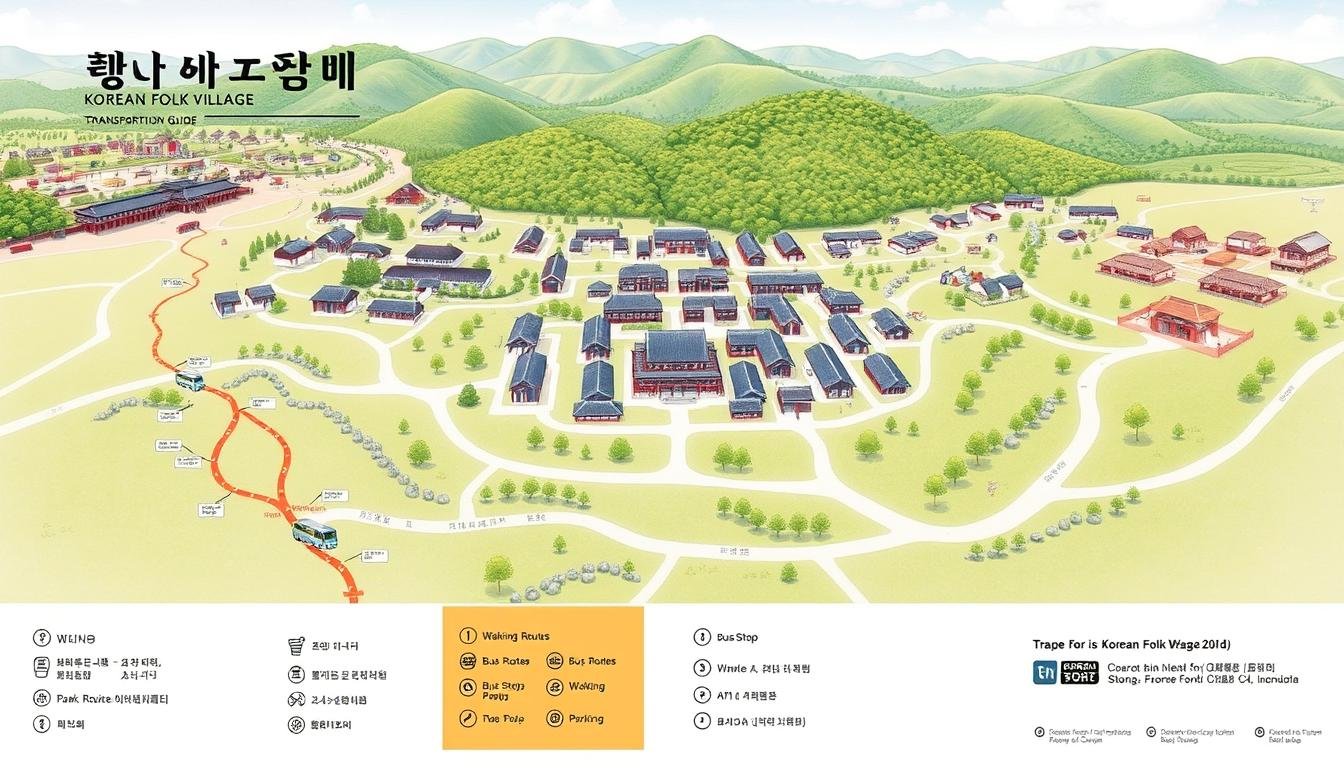 A detailed illustrated map of the Korean Folk Village, showcasing the transportation guide. A wide aerial view captures the traditional Korean architecture and lush landscape, with pathways winding through the village. In the foreground, a legend indicates walking routes, bus stops, and parking areas, marked with clear icons and labels. The middle ground features a cluster of hanok-style buildings, while the background shows rolling hills and a clear sky. The composition highlights the accessibility and navigability of this cultural heritage site, inviting visitors to explore the authentic Korean folk experience.