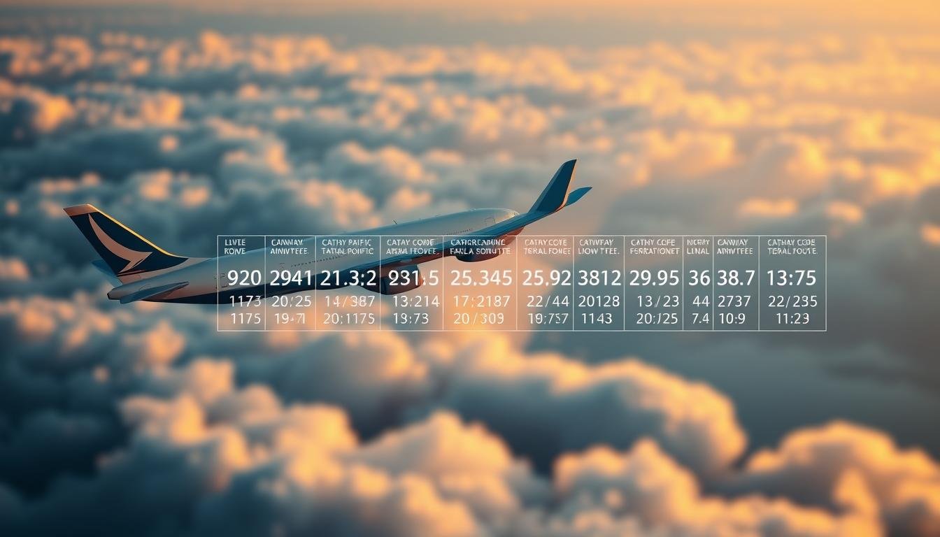A detailed illustration of the flight numbering system used by Cathay Pacific Airways. In the foreground, a modern aircraft takes flight against a backdrop of clouds, illuminated by warm, directional lighting that casts subtle shadows. In the middle ground, a visual breakdown of the airline's flight code structure, depicting the numerical and alphabetical components that identify the route, aircraft type, and service class. The background features a subtly blurred world map, conveying the global reach of Cathay Pacific's international network. The overall composition should convey a sense of technical precision, aviation expertise, and Cathay Pacific's brand identity. A detailed illustration of the flight numbering system used by Cathay Pacific Airways. In the foreground, a modern aircraft takes flight against a backdrop of clouds, illuminated by warm, directional lighting that casts subtle shadows. In the middle ground, a visual breakdown of the airline's flight code structure, depicting the numerical and alphabetical components that identify the route, aircraft type, and service class. The background features a subtly blurred world map, conveying the global reach of Cathay Pacific's international network. The overall composition should convey a sense of technical precision, aviation expertise, and Cathay Pacific's brand identity.