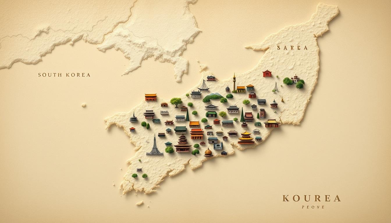 A detailed map showcasing the distribution of UNESCO World Heritage sites across the magnificent landscapes of South Korea. Rendered with exquisite cartographic precision, this image depicts the diverse cultural heritage dotting the Korean peninsula - from the majestic mountain fortresses and ancient palace complexes to the serene Buddhist temples and historic village settlements. Rendered in a muted, earthy color palette that evokes the timeless elegance of Korean design, the map is presented from a high, aerial perspective that captures the grand scale and interconnectedness of these invaluable historic sites. Subtle lighting and soft shadows lend depth and dimension, while a clean, minimalist layout allows the iconic landmarks to take center stage in all their glory. A detailed map showcasing the distribution of UNESCO World Heritage sites across the magnificent landscapes of South Korea. Rendered with exquisite cartographic precision, this image depicts the diverse cultural heritage dotting the Korean peninsula - from the majestic mountain fortresses and ancient palace complexes to the serene Buddhist temples and historic village settlements. Rendered in a muted, earthy color palette that evokes the timeless elegance of Korean design, the map is presented from a high, aerial perspective that captures the grand scale and interconnectedness of these invaluable historic sites. Subtle lighting and soft shadows lend depth and dimension, while a clean, minimalist layout allows the iconic landmarks to take center stage in all their glory.
