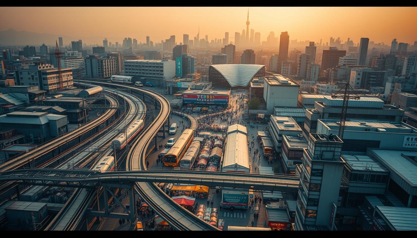 A detailed, richly textured aerial view of the "Tokyo Flea Market" transportation network. In the foreground, a complex web of train lines, bus routes, and pedestrian pathways converge, with icons and signage guiding visitors through the bustling scene. The middle ground reveals the vibrant layout of the market stalls, teeming with activity and color. In the background, the iconic Tokyo skyline rises majestically, bathed in warm, golden afternoon light. The overall composition conveys a sense of organized chaos and efficient connectivity, capturing the essence of navigating this popular shopping destination. Rendered with a cinematic lens and a keen eye for architectural detail.