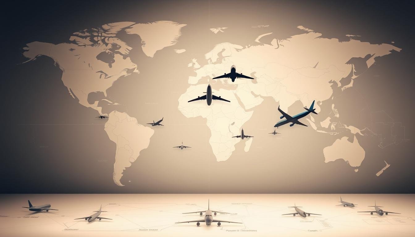 A detailed world map occupies the background, with major international airports and flight routes prominently displayed. In the middle ground, several silhouetted aircraft in distinct airline liveries are depicted, conveying a sense of motion and global connectivity. The foreground features a clean, minimalist layout with airline route networks and destination icons, illuminated by soft, directional lighting to draw the viewer's attention. The overall mood is professional, informative, and visually captivating, reflecting the comprehensive nature of the airline's route system and the importance of key destinations.