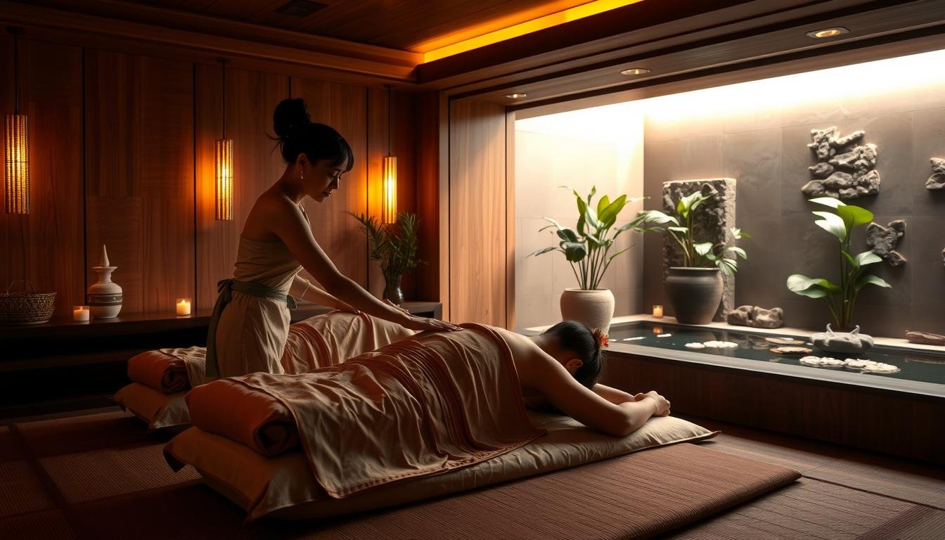 A dimly lit, cozy Thai massage parlor in Bangkok. Soft ambient lighting illuminates the elegant, teak-paneled walls and plush, cushioned floor mats. In the foreground, a masseuse in traditional Thai attire gently kneads the shoulders of a relaxed client, her skilled fingers working to relieve muscle tension. The soothing scent of lemongrass and jasmine fills the air, evoking a sense of tranquility and rejuvenation. In the background, a tranquil water feature bubbles softly, complementing the gentle Thai classical music playing in the background. The overall atmosphere is one of calming immersion in Thai culture and wellness. A dimly lit, cozy Thai massage parlor in Bangkok. Soft ambient lighting illuminates the elegant, teak-paneled walls and plush, cushioned floor mats. In the foreground, a masseuse in traditional Thai attire gently kneads the shoulders of a relaxed client, her skilled fingers working to relieve muscle tension. The soothing scent of lemongrass and jasmine fills the air, evoking a sense of tranquility and rejuvenation. In the background, a tranquil water feature bubbles softly, complementing the gentle Thai classical music playing in the background. The overall atmosphere is one of calming immersion in Thai culture and wellness.