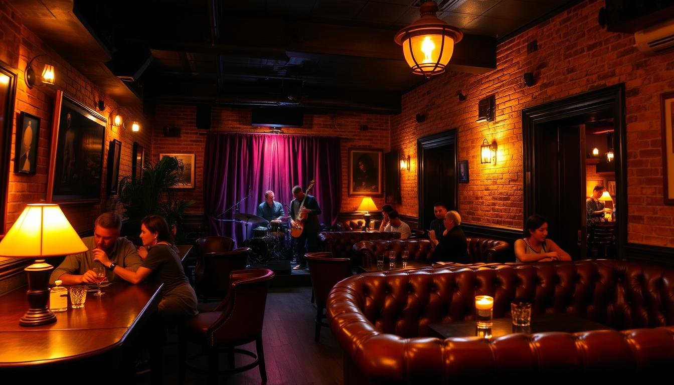 A dimly lit, intimate jazz bar nestled in the heart of Bangkok's old quarter. Warm, amber lighting casts a mellow glow over the vintage furnishings and plush leather seating. A small stage in the corner hosts a live jazz trio, their soulful melodies filling the air. Patrons sip on expertly crafted cocktails and converse in hushed tones, creating an atmosphere of relaxed sophistication. Exposed brick walls and dark wood accents lend an air of timeless elegance, while discreet entryways hint at the hidden nature of this establishment. A timeless oasis amidst the bustling city, offering a glimpse into Bangkok's rich cultural heritage and vibrant nightlife. A dimly lit, intimate jazz bar nestled in the heart of Bangkok's old quarter. Warm, amber lighting casts a mellow glow over the vintage furnishings and plush leather seating. A small stage in the corner hosts a live jazz trio, their soulful melodies filling the air. Patrons sip on expertly crafted cocktails and converse in hushed tones, creating an atmosphere of relaxed sophistication. Exposed brick walls and dark wood accents lend an air of timeless elegance, while discreet entryways hint at the hidden nature of this establishment. A timeless oasis amidst the bustling city, offering a glimpse into Bangkok's rich cultural heritage and vibrant nightlife.