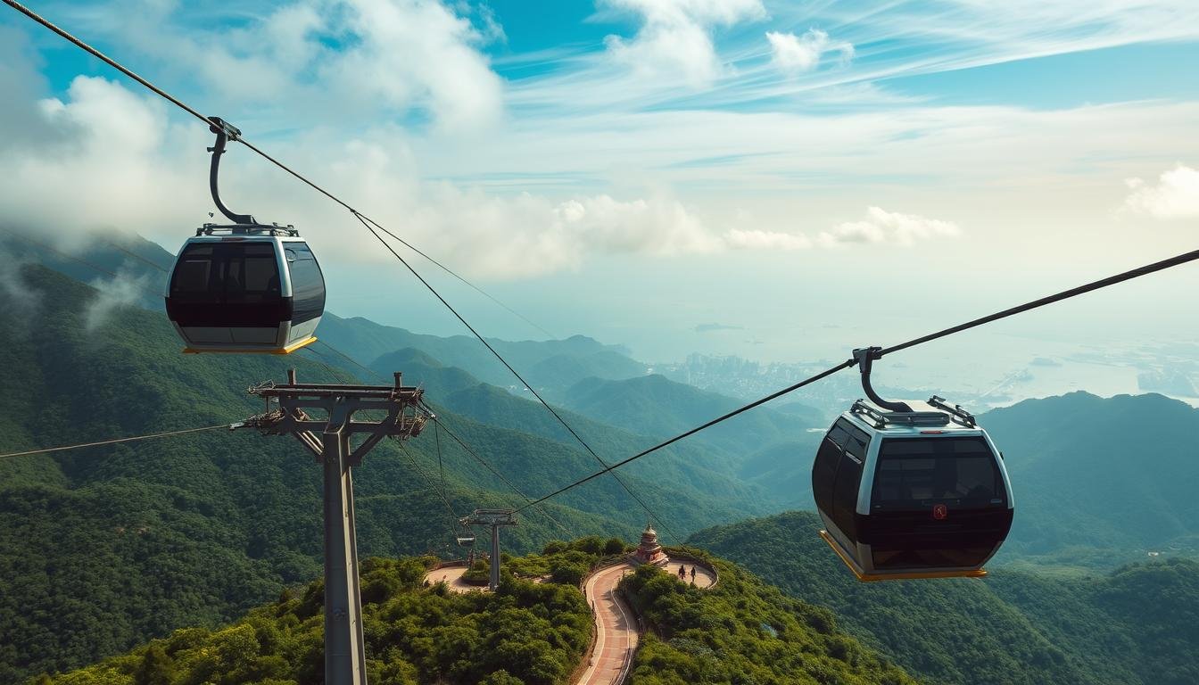 A dramatic aerial view of the iconic Ngong Ping 360 cable car system, ascending gracefully over the lush, mountainous landscape of Lantau Island, Hong Kong. The sleek cabins glide effortlessly through the cool, crisp air, offering breathtaking panoramic vistas of the verdant hills, serene valleys, and the distant South China Sea. Wispy clouds drift overhead, casting soft, diffused lighting across the scene. In the foreground, the sturdy pylons supporting the cables stand as silent sentinels, while the winding path below leads visitors towards the peaceful Tian Tan Buddha statue and the charming Ngong Ping Village. An idyllic, awe-inspiring journey through Hong Kong's natural splendor.