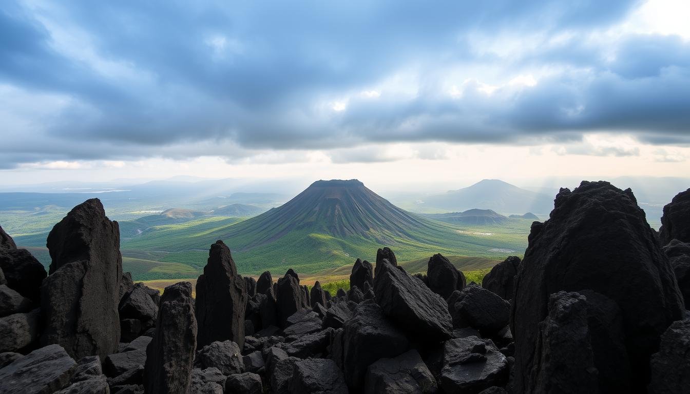 A dramatic volcanic landscape on the pristine Jeju Island, South Korea. In the foreground, rugged basalt columns rise from the ground, their jagged edges cast in dramatic chiaroscuro lighting. Behind them, a towering cinder cone volcano dominates the middle ground, its flanks sculpted by millennia of erosion. In the distance, a rolling panorama of lush green hills and valleys unfolds, dotted with verdant forests and glacial valleys. The sky is a moody blend of stormy grays and luminous breaks of sunlight, lending an air of ancient, primal power to the scene. Captured with a wide-angle lens to convey the grandeur of this UNESCO-listed volcanic geopark, a true natural wonder of South Korea.