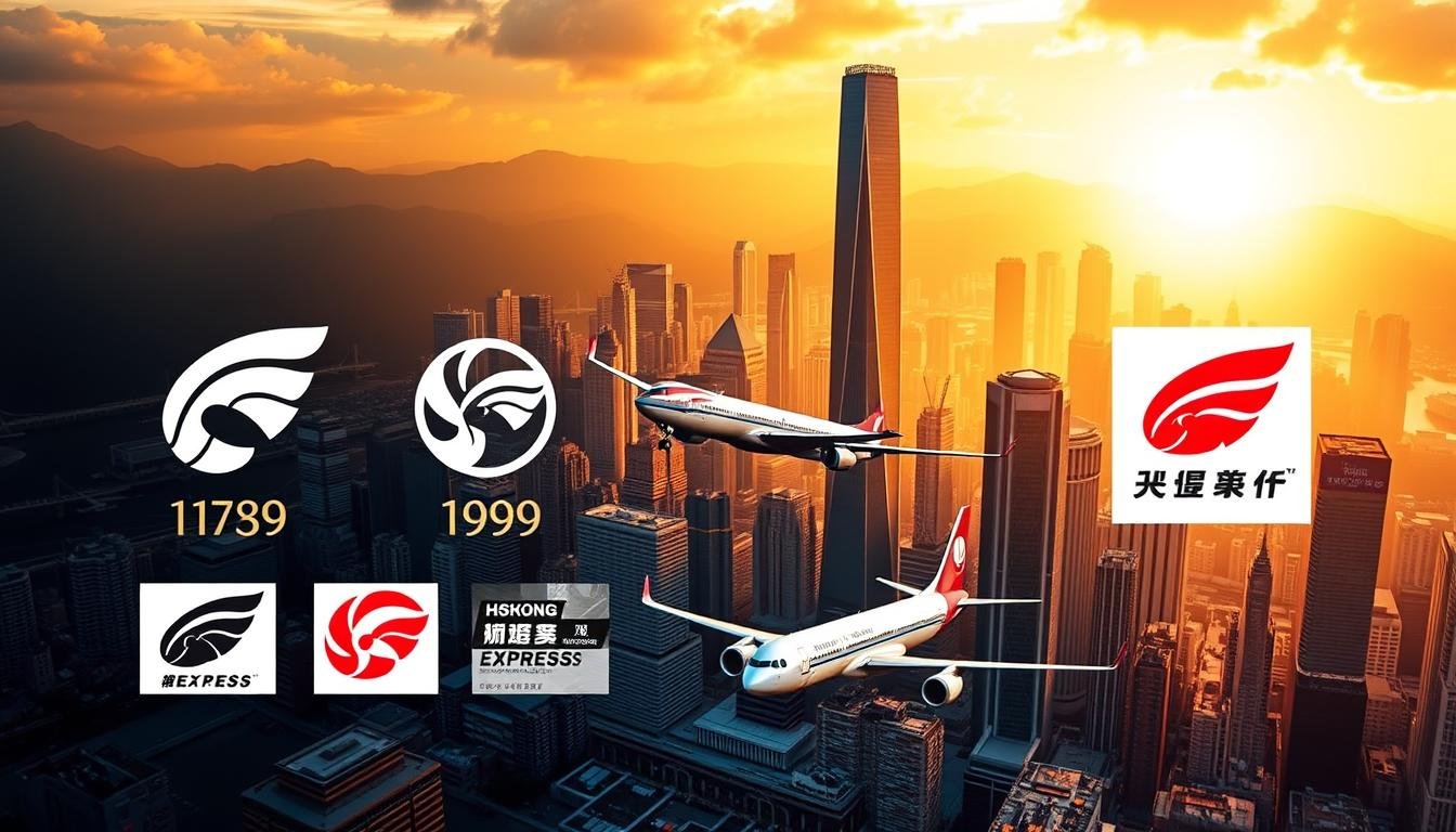 A dynamic and visually striking image of the historical evolution of the Hong Kong Express Airways brand. The foreground features the airline's iconic logo designs over the years, rendered in a sleek, minimalist style with a focus on the geometric shapes and color schemes that have defined the brand's visual identity. The middle ground showcases a fleet of the airline's aircraft, depicted in realistic detail with a strong sense of depth and perspective. The background features a dramatic cityscape of Hong Kong's iconic skyscrapers and landmarks, bathed in warm, golden light that evokes a sense of efficiency, modernity, and the city's vibrant energy. The overall composition conveys the brand's legacy of reliable and innovative air transportation services within the dynamic urban setting of Hong Kong. A dynamic and visually striking image of the historical evolution of the Hong Kong Express Airways brand. The foreground features the airline's iconic logo designs over the years, rendered in a sleek, minimalist style with a focus on the geometric shapes and color schemes that have defined the brand's visual identity. The middle ground showcases a fleet of the airline's aircraft, depicted in realistic detail with a strong sense of depth and perspective. The background features a dramatic cityscape of Hong Kong's iconic skyscrapers and landmarks, bathed in warm, golden light that evokes a sense of efficiency, modernity, and the city's vibrant energy. The overall composition conveys the brand's legacy of reliable and innovative air transportation services within the dynamic urban setting of Hong Kong.