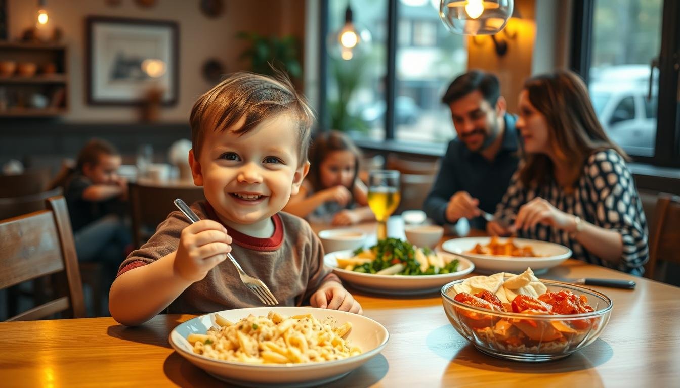 A family-friendly dining scene set in a cozy, well-lit restaurant. In the foreground, a young child happily eats a child-friendly meal, such as a simple pasta dish or a rice-based meal, using child-sized utensils. The middle ground features the parents enjoying a variety of fresh, local dishes, with a focus on balance and nutrition. The background showcases the inviting ambiance, with warm lighting, natural materials, and family-oriented decor that creates a welcoming atmosphere. The overall scene conveys a sense of ease, comfort, and the joy of sharing a delicious, nutritious meal together as a family.
