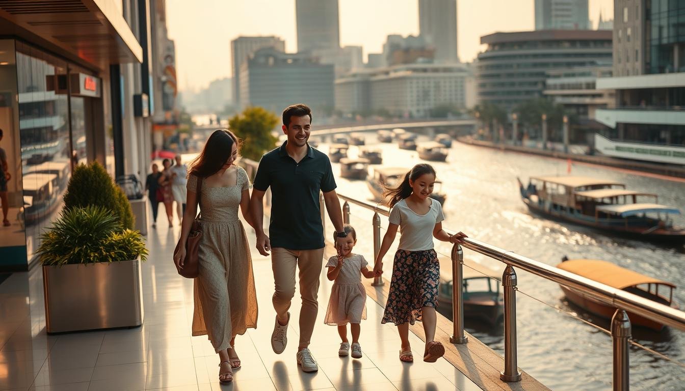 A family of four strolling along the bustling shopping district of ICONSIAM, Bangkok. The parents guide their young children, a boy and a girl, as they take in the vibrant sights and sounds of the high-end mall's lively atmosphere. In the background, the glistening Chao Phraya River flows serenely, with long-tail boats and river ferries plying its waters. Warm, diffused lighting casts a golden glow over the scene, creating a sense of warmth and comfort. The family pauses to admire the stunning riverside vistas, capturing the essence of a quintessential Thai family experience.