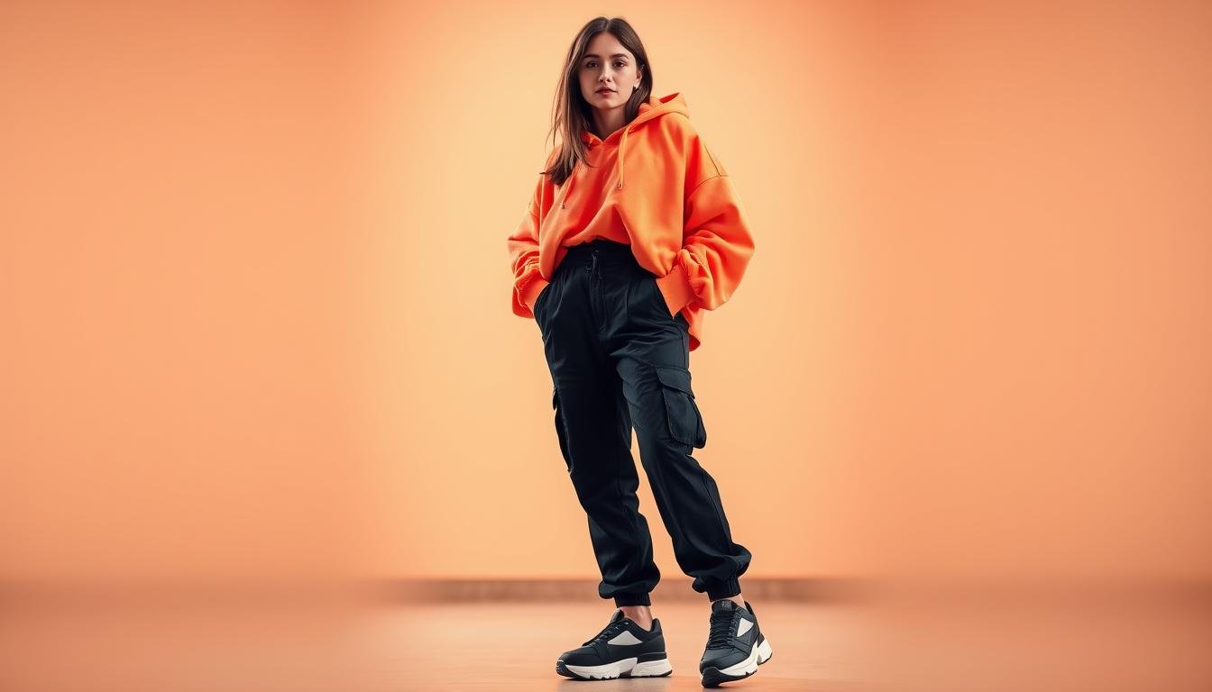 A fashionable young woman embodying the Teto aesthetic, posing confidently in a stylish street-inspired ensemble. She wears a vibrant neon-colored oversized hoodie, expertly paired with sleek high-waisted black cargo pants and chunky platform sneakers. The lighting is warm and diffused, creating a youthful, trendy atmosphere. The background blurs softly, keeping the focus on the model's carefully curated Teto-inspired look. The camera angle is slightly elevated, capturing the figure in a dynamic, three-quarter view that highlights the outfit's proportions and details. The model's expression is relaxed yet assured, conveying the effortless cool associated with the Teto fashion style.