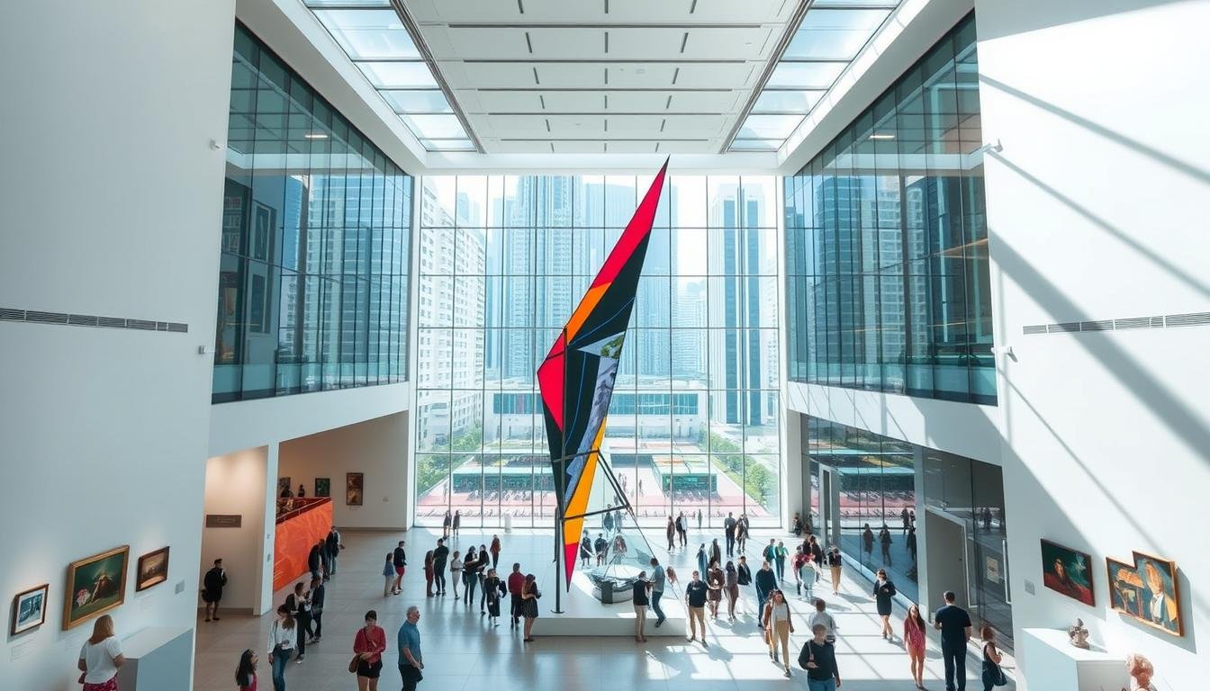 A grand, airy atrium with floor-to-ceiling windows overlooking the bustling streets of Hong Kong. Sunlight streams in, casting a warm glow on the sleek, modern architecture. In the center, a striking contemporary art installation commands attention, its angular forms and vibrant colors reflecting the dynamism of the city. Visitors wander the clean, minimalist galleries, pausing to admire paintings, sculptures, and multimedia displays that celebrate the rich cultural heritage of Hong Kong. The atmosphere is one of contemplation and discovery, as visitors immerse themselves in the diverse artistic expressions that shape the identity of this global metropolis. A grand, airy atrium with floor-to-ceiling windows overlooking the bustling streets of Hong Kong. Sunlight streams in, casting a warm glow on the sleek, modern architecture. In the center, a striking contemporary art installation commands attention, its angular forms and vibrant colors reflecting the dynamism of the city. Visitors wander the clean, minimalist galleries, pausing to admire paintings, sculptures, and multimedia displays that celebrate the rich cultural heritage of Hong Kong. The atmosphere is one of contemplation and discovery, as visitors immerse themselves in the diverse artistic expressions that shape the identity of this global metropolis.