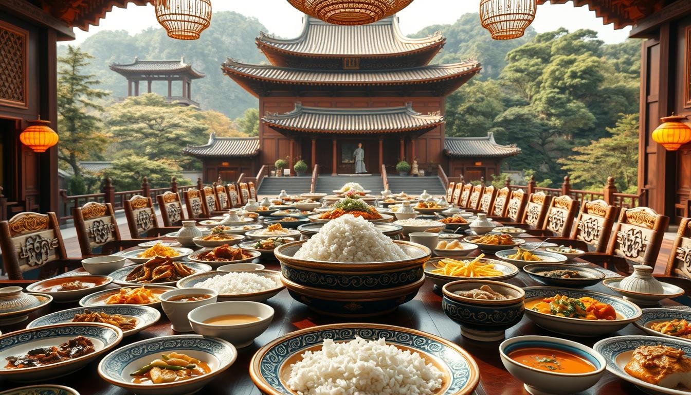 A grand and ornate Korean royal court dining scene, showcasing an array of traditional dishes. A large wooden table is set with intricate porcelain platters, bowls, and utensils. Delicate banchan side dishes, fragrant rice, and slow-cooked stews occupy the foreground, while towering palace architecture and lush foliage fill the background. Warm, golden lighting illuminates the sumptuous meal, creating an atmosphere of elegance and refined taste. The scene evokes a sense of timeless cultural heritage and the reverence for culinary traditions in Korean royal court cuisine. A grand and ornate Korean royal court dining scene, showcasing an array of traditional dishes. A large wooden table is set with intricate porcelain platters, bowls, and utensils. Delicate banchan side dishes, fragrant rice, and slow-cooked stews occupy the foreground, while towering palace architecture and lush foliage fill the background. Warm, golden lighting illuminates the sumptuous meal, creating an atmosphere of elegance and refined taste. The scene evokes a sense of timeless cultural heritage and the reverence for culinary traditions in Korean royal court cuisine.