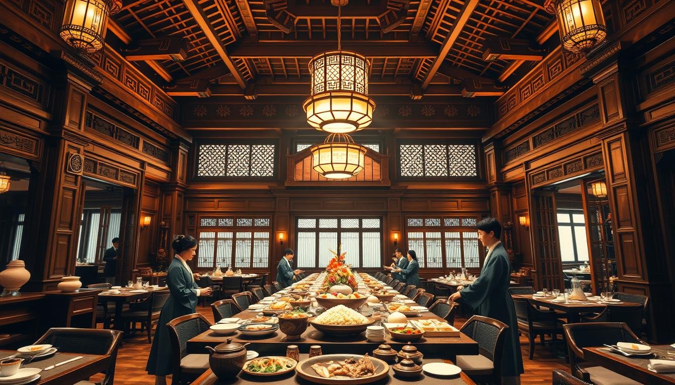 A grand and ornate interior of a traditional Korean royal palace restaurant, bathed in warm, golden lighting. Elegant wooden furnishings, intricate wall and ceiling carvings, and traditional pottery and tableware adorn the space. Servers in traditional hanbok uniforms gracefully present an array of delectable Korean royal court dishes, from delicately seasoned fish and meat platters to fragrant rice and vegetable side dishes. The atmosphere exudes a sense of timeless sophistication and cultural heritage, inviting diners to immerse themselves in the storied flavors and ambiance of Korea's regal culinary traditions. A grand and ornate interior of a traditional Korean royal palace restaurant, bathed in warm, golden lighting. Elegant wooden furnishings, intricate wall and ceiling carvings, and traditional pottery and tableware adorn the space. Servers in traditional hanbok uniforms gracefully present an array of delectable Korean royal court dishes, from delicately seasoned fish and meat platters to fragrant rice and vegetable side dishes. The atmosphere exudes a sense of timeless sophistication and cultural heritage, inviting diners to immerse themselves in the storied flavors and ambiance of Korea's regal culinary traditions.