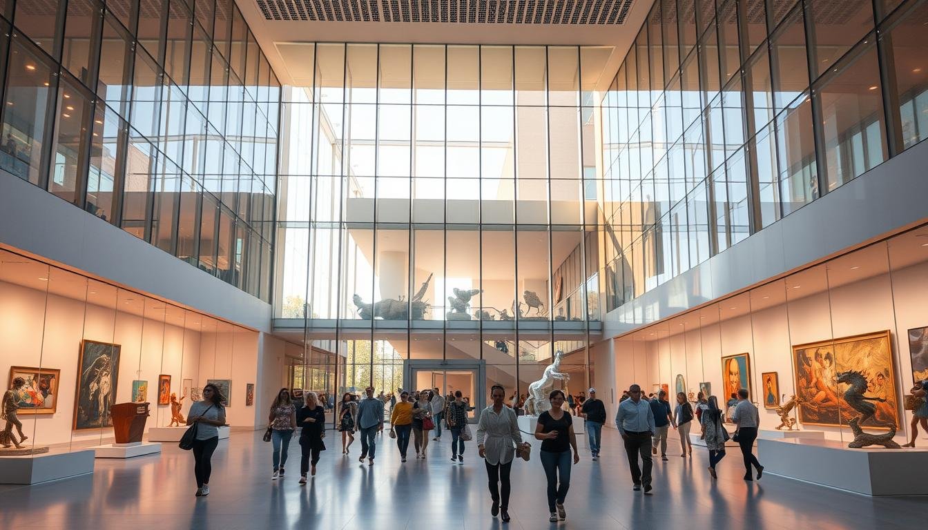 A grand contemporary art museum stands tall, its sleek glass facade gleaming under warm evening light. Visitors stroll through the airy, minimalist interior, captivated by the diverse array of modern sculptures, paintings, and interactive installations. The museum's clean, geometric architecture provides an elegant backdrop, complementing the artistic works on display. Soft, diffused lighting casts a serene, contemplative mood, inviting guests to immerse themselves in the creative atmosphere. Sunlight streams in through large windows, illuminating the vibrant colors and dynamic forms that fill the gallery spaces. This is a sanctuary for artistic expression, a hub of innovation and imagination in the heart of the bustling city. A grand contemporary art museum stands tall, its sleek glass facade gleaming under warm evening light. Visitors stroll through the airy, minimalist interior, captivated by the diverse array of modern sculptures, paintings, and interactive installations. The museum's clean, geometric architecture provides an elegant backdrop, complementing the artistic works on display. Soft, diffused lighting casts a serene, contemplative mood, inviting guests to immerse themselves in the creative atmosphere. Sunlight streams in through large windows, illuminating the vibrant colors and dynamic forms that fill the gallery spaces. This is a sanctuary for artistic expression, a hub of innovation and imagination in the heart of the bustling city.