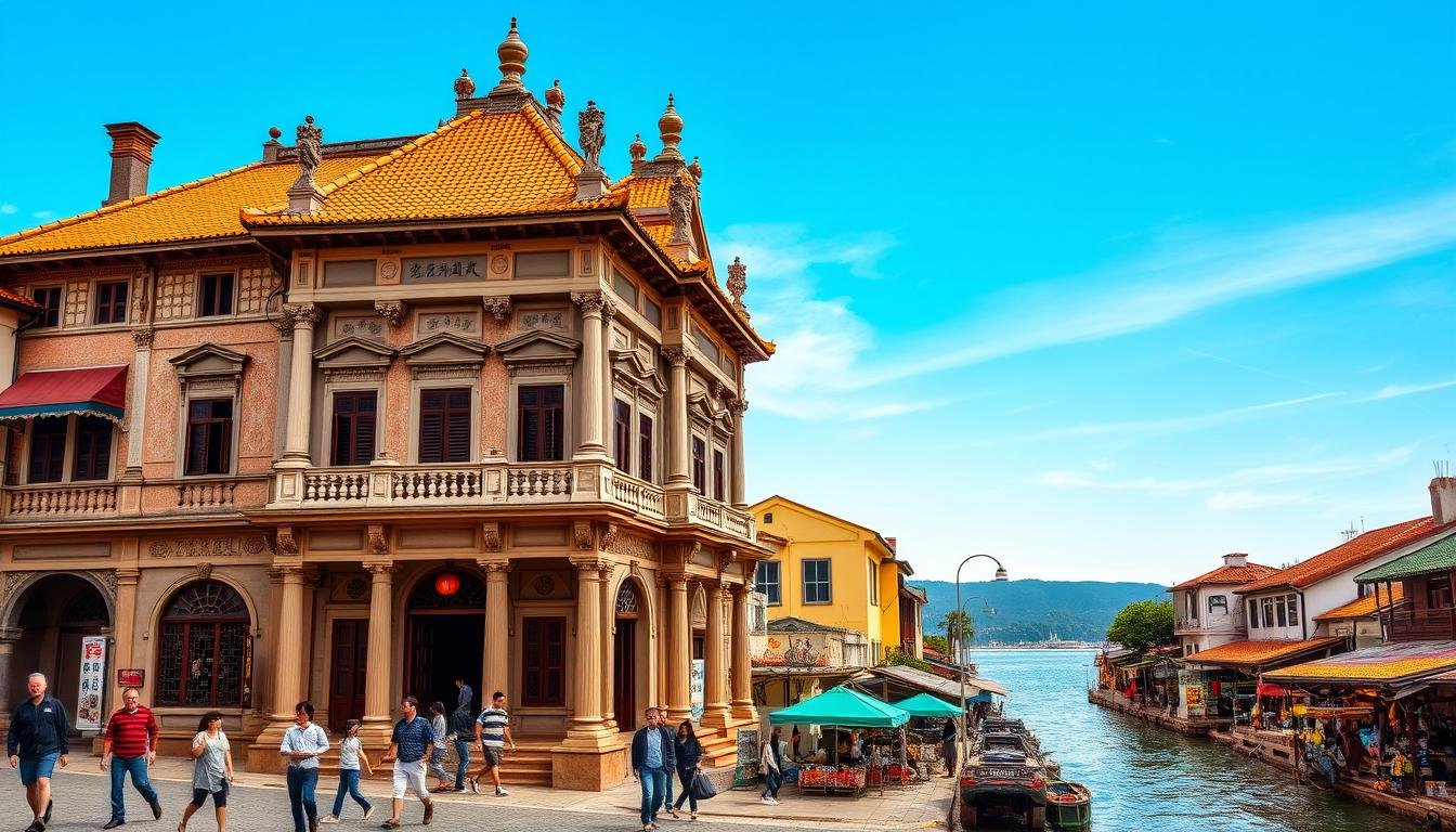 A grand, historical building in Tai O, Hong Kong, stands tall against a vibrant blue sky. The intricate facade features ornate columns, delicate carvings, and a tiled roof that reflects the warm, golden sunlight. In the foreground, a small group of locals and tourists wander the cobblestone streets, pausing to admire the architectural details. The middle ground showcases the bustling activity of the nearby markets, where vendors sell a variety of traditional wares. In the background, the serene waters of the nearby river flow gently, adding a sense of tranquility to the scene. The overall composition conveys the rich cultural heritage and historic significance of this picturesque location. A grand, historical building in Tai O, Hong Kong, stands tall against a vibrant blue sky. The intricate facade features ornate columns, delicate carvings, and a tiled roof that reflects the warm, golden sunlight. In the foreground, a small group of locals and tourists wander the cobblestone streets, pausing to admire the architectural details. The middle ground showcases the bustling activity of the nearby markets, where vendors sell a variety of traditional wares. In the background, the serene waters of the nearby river flow gently, adding a sense of tranquility to the scene. The overall composition conveys the rich cultural heritage and historic significance of this picturesque location.