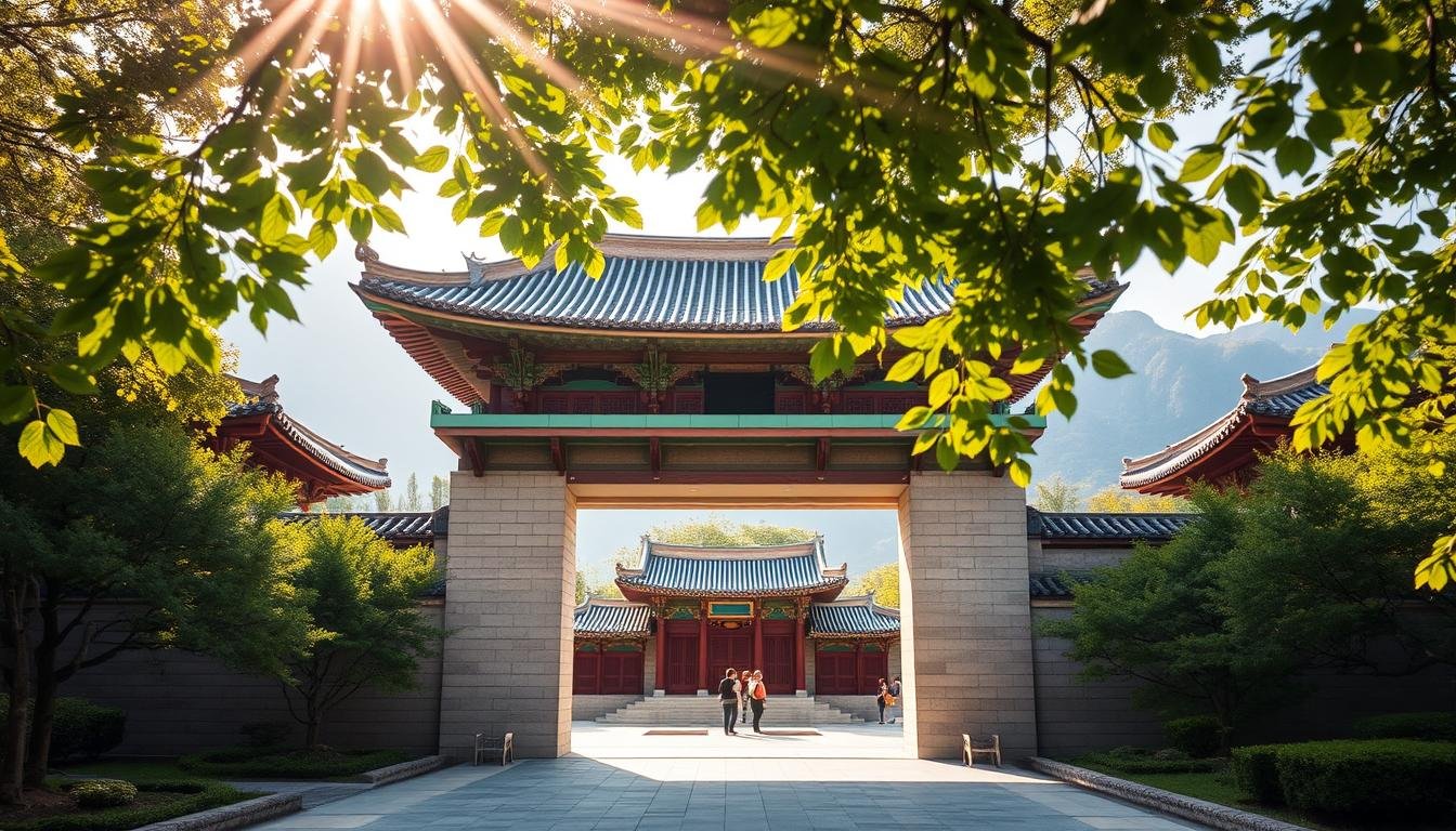 A grand traditional Korean palace facade adorned with intricate architectural details, surrounded by lush greenery and the vibrant red of pagoda roofs. Sunlight filters through the leaves, casting a warm, golden glow across the scene. In the foreground, a well-preserved stone gateway stands proudly, inviting visitors to step into the heart of Korean cultural heritage. The middle ground features elegantly designed pavilions and ornate decorations, while the background showcases the towering mountains that frame this picturesque landscape. A serene and tranquil atmosphere permeates the air, transporting the viewer to a bygone era of Korean history and tradition.