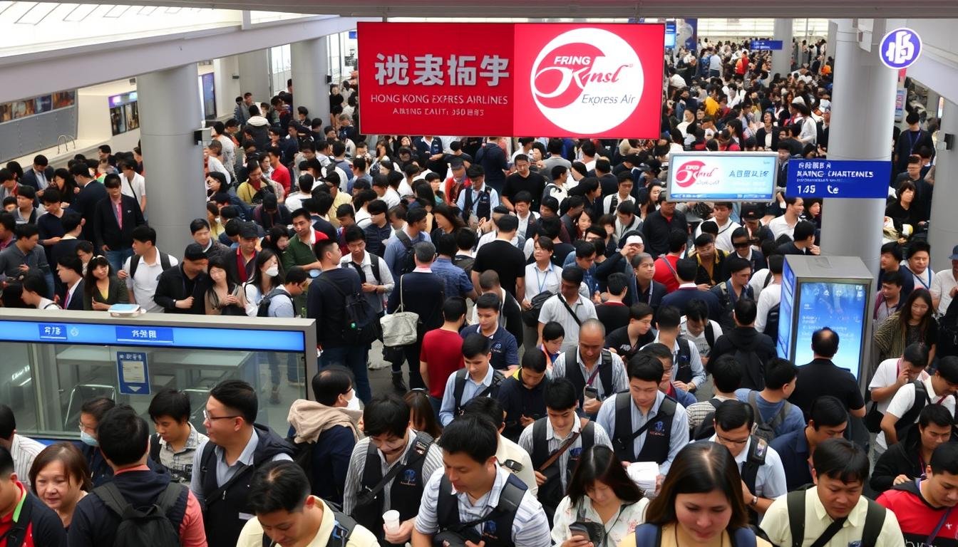 A large crowd of diverse passengers waiting in an airport terminal, with a prominent Hong Kong Express Airlines logo visible. The scene is captured in a clean, well-lit environment, showcasing the modern and efficient atmosphere of the airline's operations. Passengers are engaged in a variety of activities, such as checking in at counters, browsing duty-free shops, or relaxing in seating areas, creating a lively and dynamic composition. The overall mood is one of a positive and reliable travel experience, reflecting the airlines' reputation for customer satisfaction. A large crowd of diverse passengers waiting in an airport terminal, with a prominent Hong Kong Express Airlines logo visible. The scene is captured in a clean, well-lit environment, showcasing the modern and efficient atmosphere of the airline's operations. Passengers are engaged in a variety of activities, such as checking in at counters, browsing duty-free shops, or relaxing in seating areas, creating a lively and dynamic composition. The overall mood is one of a positive and reliable travel experience, reflecting the airlines' reputation for customer satisfaction.