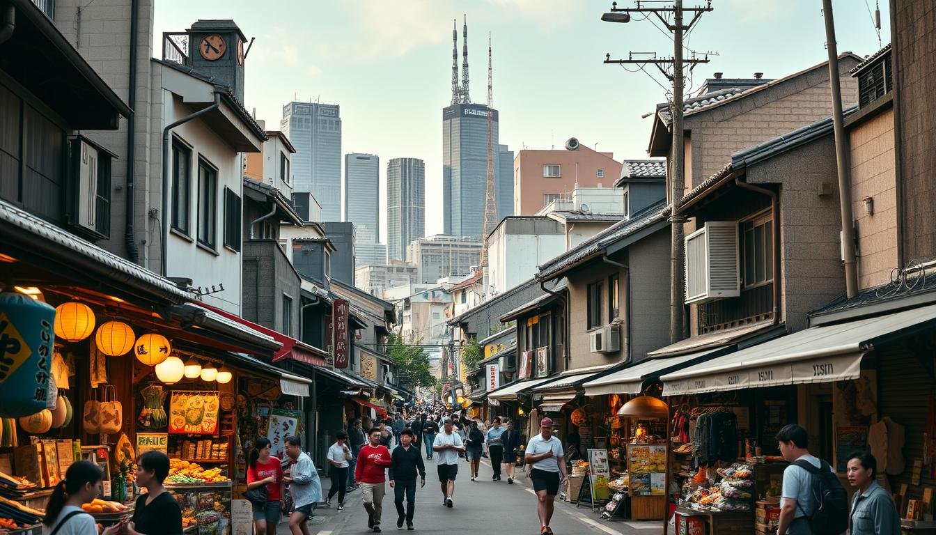 A lively and vibrant street scene in the historic Shitamachi district of Tokyo, Japan. In the foreground, a bustling traditional marketplace lined with small, family-owned shops and stalls selling an array of local wares, from handcrafted goods to fresh produce. Vendors call out to passersby, creating a lively atmosphere. In the middle ground, pedestrians casually stroll along the narrow, winding streets, flanked by the iconic low-rise buildings with their distinctive tiled roofs. In the background, towering skyscrapers of the modern city skyline provide a striking contrast, hinting at the unique blend of old and new that defines this historic neighborhood. Warm, diffused lighting casts a gentle glow over the entire scene, evoking a sense of timeless charm and character.