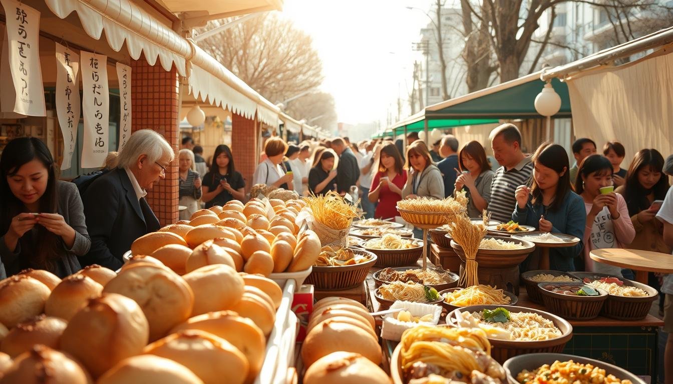 A lively outdoor festival showcasing an array of artisanal wheat-based delicacies. In the foreground, a bustling stall offers freshly baked, golden-crusted breads and pastries, their tantalizing aromas wafting through the air. In the middle ground, vendors display an assortment of soba, udon, and other wheat noodle dishes, each plate a symphony of textures and flavors. The background is dotted with cheerful attendees sampling the delectable offerings, their faces aglow with delight. Warm, diffused sunlight filters through the crowd, casting a cozy, inviting atmosphere. The scene evokes a celebration of Japanese culinary traditions and the joyous spirit of a lively community event.