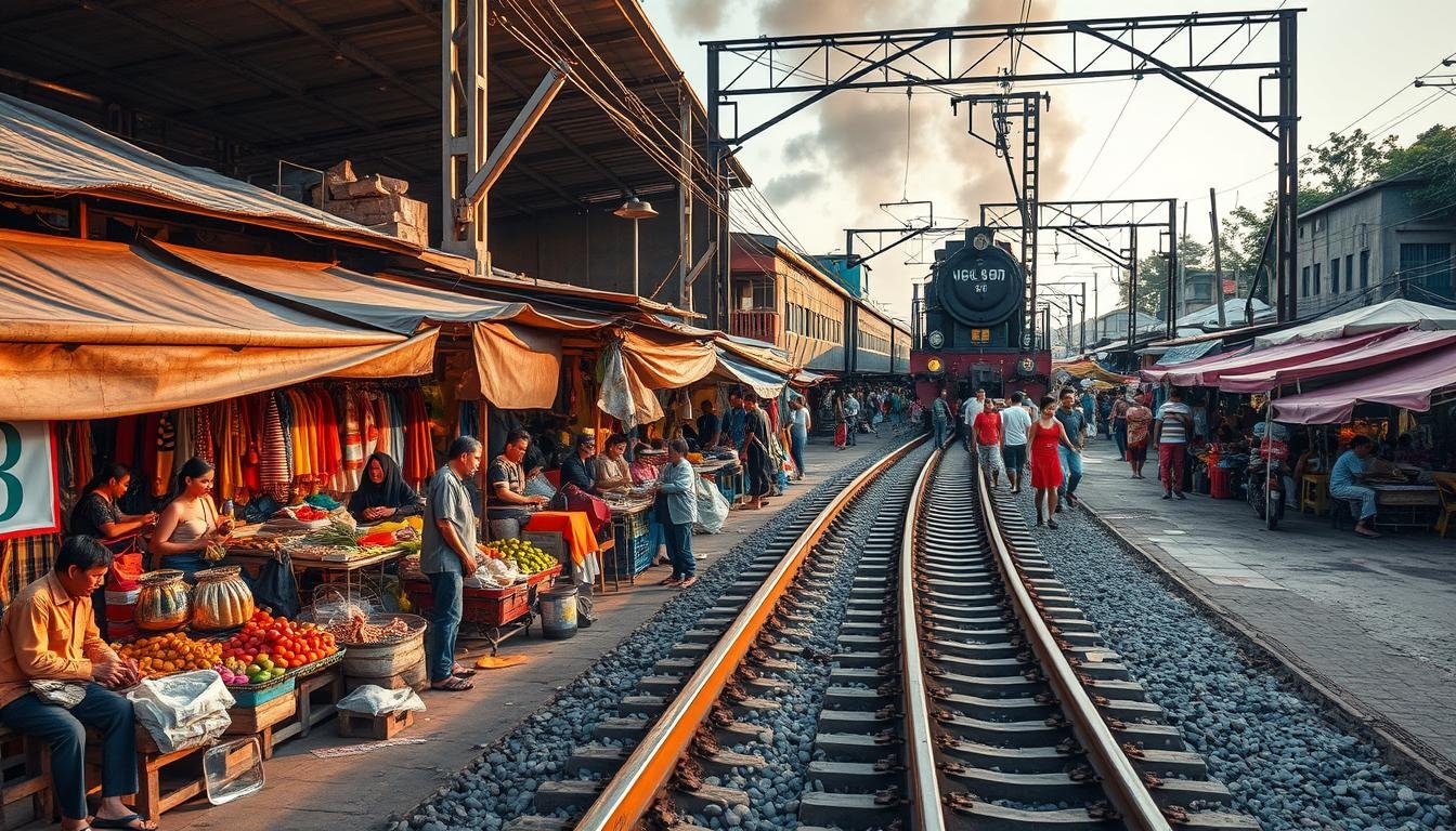 A lively outdoor market nestled along the Thai railway tracks, "Maeklong Railway Market" showcases a vibrant tapestry of local wares and bustling crowds. Vendors adeptly retract their makeshift awnings as the train thunders through, sending the stalls and shoppers scattering momentarily before swiftly reassembling. Capture the unique juxtaposition of the dynamic market and the looming locomotive, with warm natural lighting bathing the scene in a golden glow. Depict the intricate interplay of textures - the weathered wooden stalls, the vibrant fabrics and produce, the gleaming steel rails. Convey the palpable sense of energy and community as the locals go about their daily routines, creating an immersive and captivating visual experience. A lively outdoor market nestled along the Thai railway tracks, "Maeklong Railway Market" showcases a vibrant tapestry of local wares and bustling crowds. Vendors adeptly retract their makeshift awnings as the train thunders through, sending the stalls and shoppers scattering momentarily before swiftly reassembling. Capture the unique juxtaposition of the dynamic market and the looming locomotive, with warm natural lighting bathing the scene in a golden glow. Depict the intricate interplay of textures - the weathered wooden stalls, the vibrant fabrics and produce, the gleaming steel rails. Convey the palpable sense of energy and community as the locals go about their daily routines, creating an immersive and captivating visual experience.