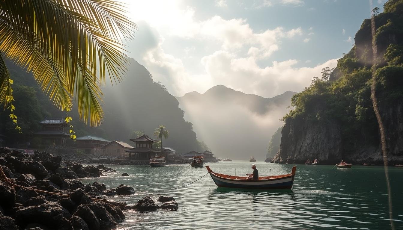 A lush, remote island paradise, shrouded in mist and mystery. Rocky shores give way to verdant hills, dotted with traditional fishing villages and ancient temples. Sunlight filters through swaying palm fronds, casting a warm glow over the scene. A small, traditional boat bobs gently in the calm waters, ready to whisk adventurous explorers to uncharted corners of this captivating archipelago. The air is thick with the scent of sea salt and exotic flora. Wispy clouds drift overhead, hinting at the untamed spirit of this isolated, island Eden. Capture the essence of a thrilling, off-the-beaten-path journey to the remote, enchanting isles of Jeju.